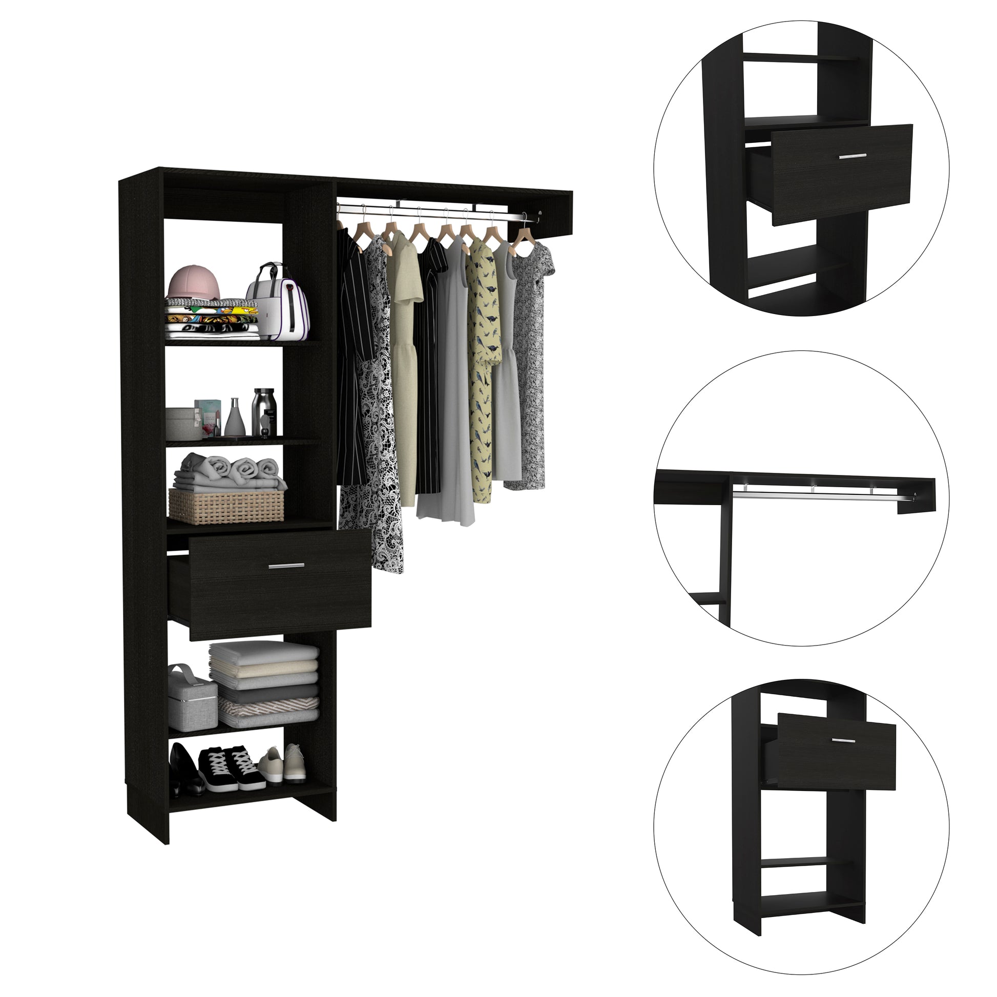 Lenox 1 Drawer 4 Shelf Closet System Black Wengue Black Particle Board