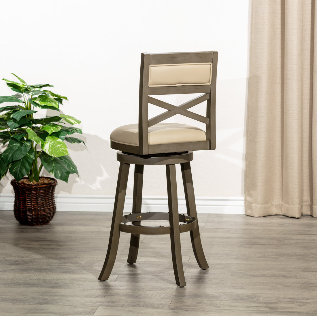 30" Bar Height X Back Swivel Stool, Weathered Gray Finish, French Gray Leather Seat Gray Bonded Leather