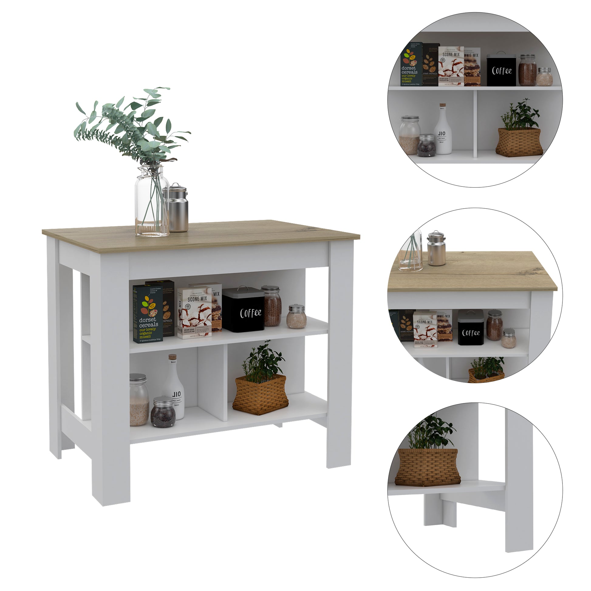 Rockaway 3 Shelf Kitchen Island White And Light Oak White Particle Board