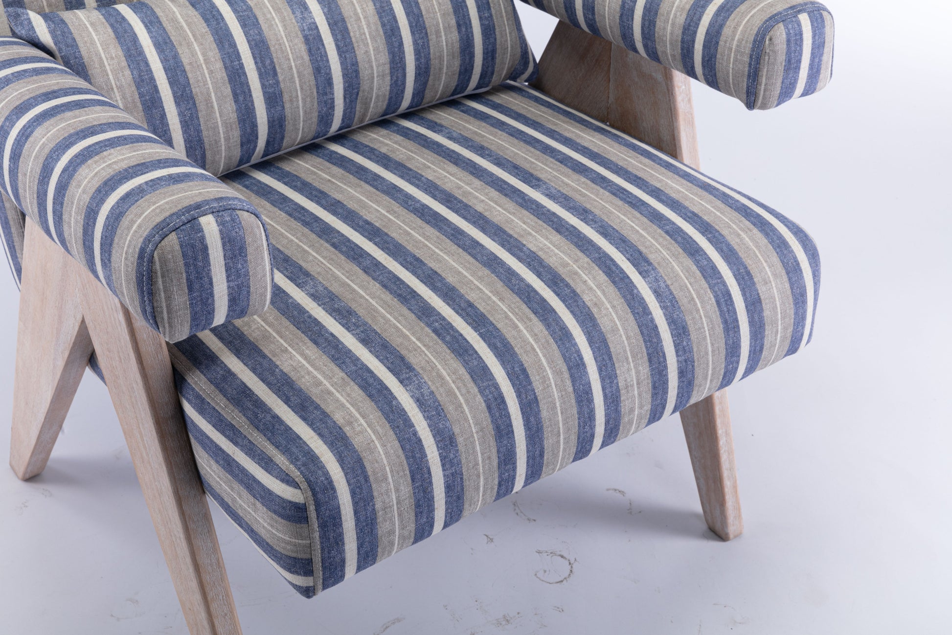 Accent Chair, Kd Rubber Wood Legs With Black Finish. Fabric Cover The Seat. With A Cushion.Blue Stripe Blue And White Stripes Foam Solid Wood