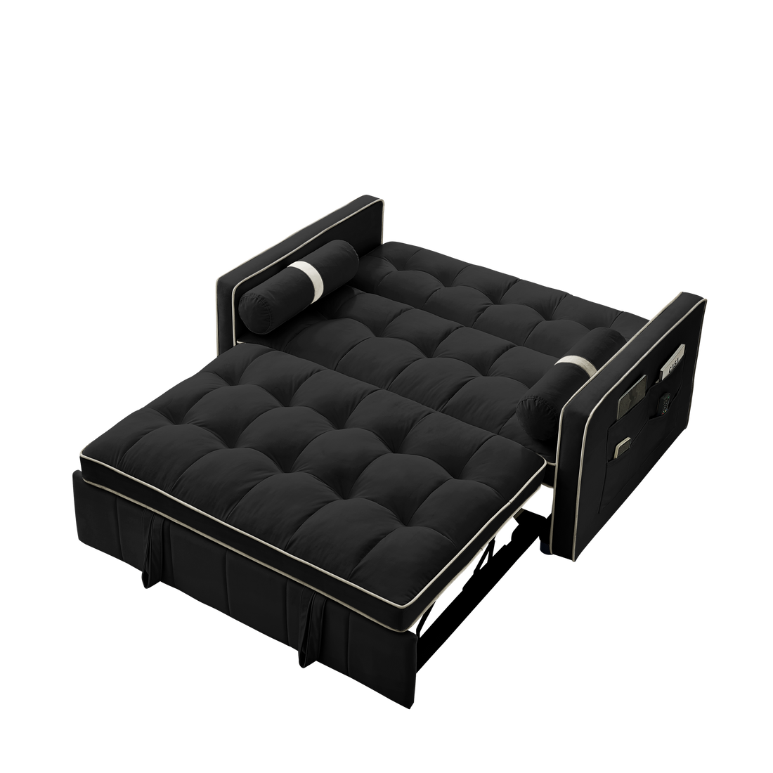Modern 55.5" Pull Out Sleep Sofa Bed 2 Seater Loveseats Sofa Couch With Side Pockets, Adjsutable Backrest And Lumbar Pillows For Apartment Office Living Room Black Foam Velvet