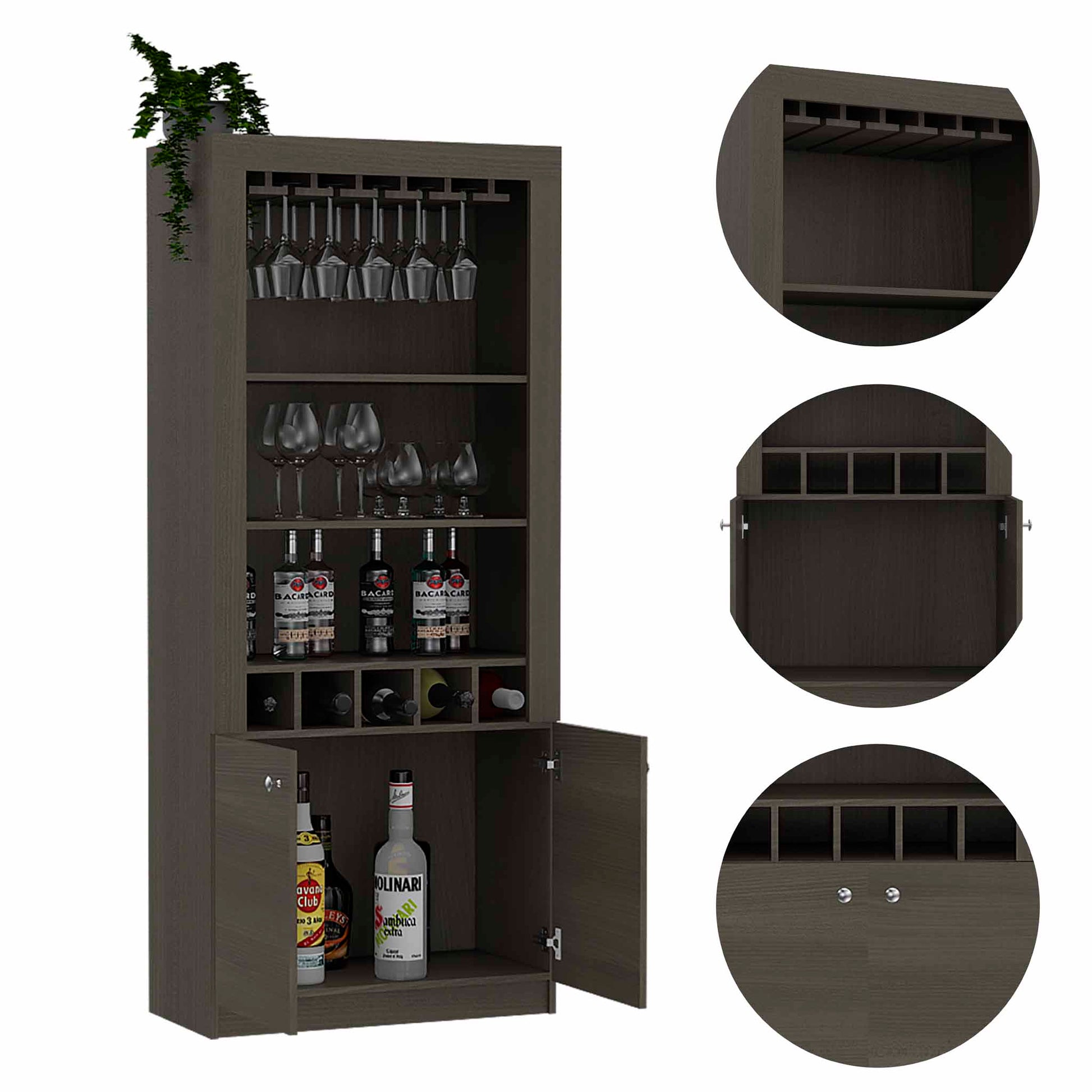 Smokey Oak 3 Shelf Rectangle 5 Bottle Bar Cabinet Brown Particle Board