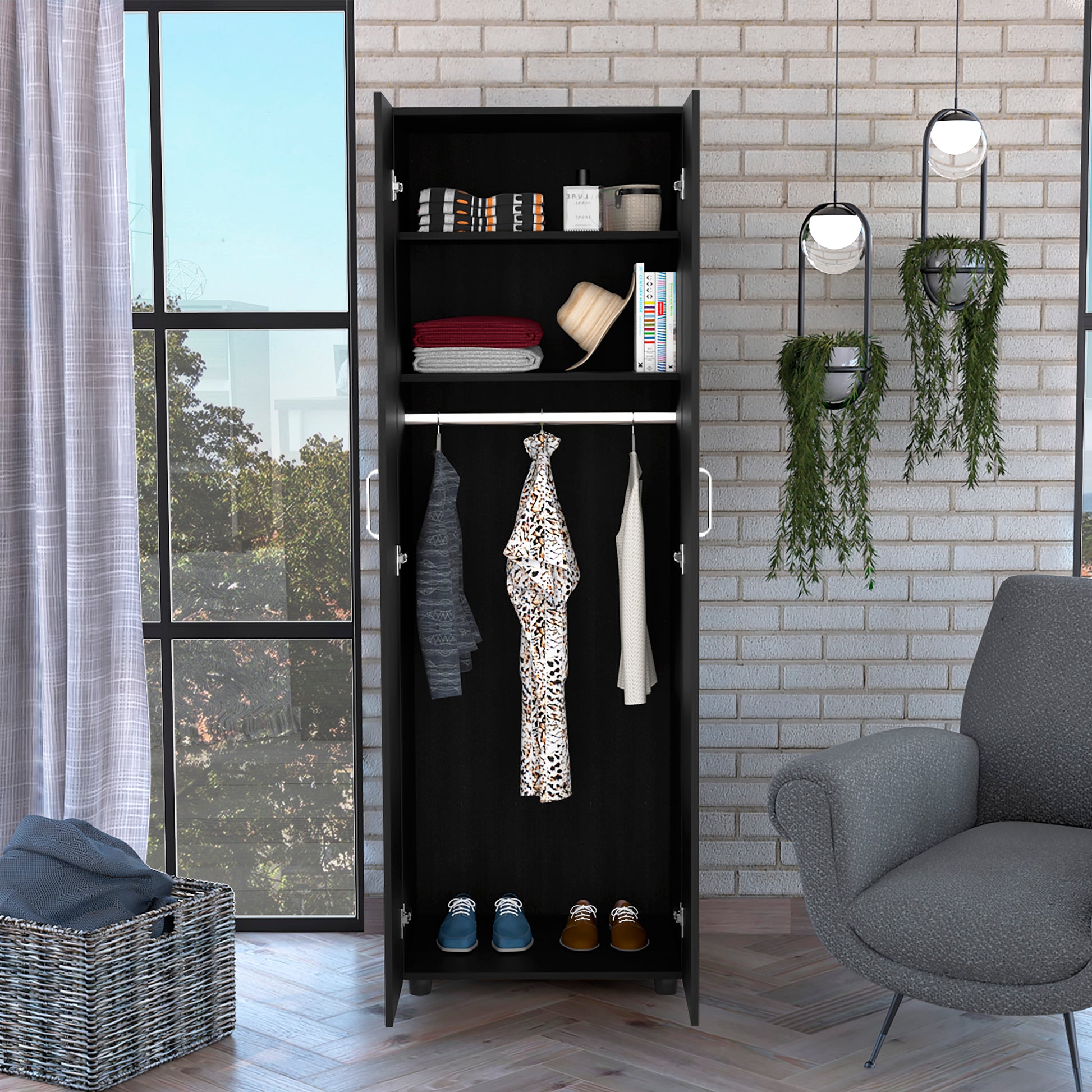 Chagrin 2 Shelf Rectangle Armoire Black Wengue Black Particle Board