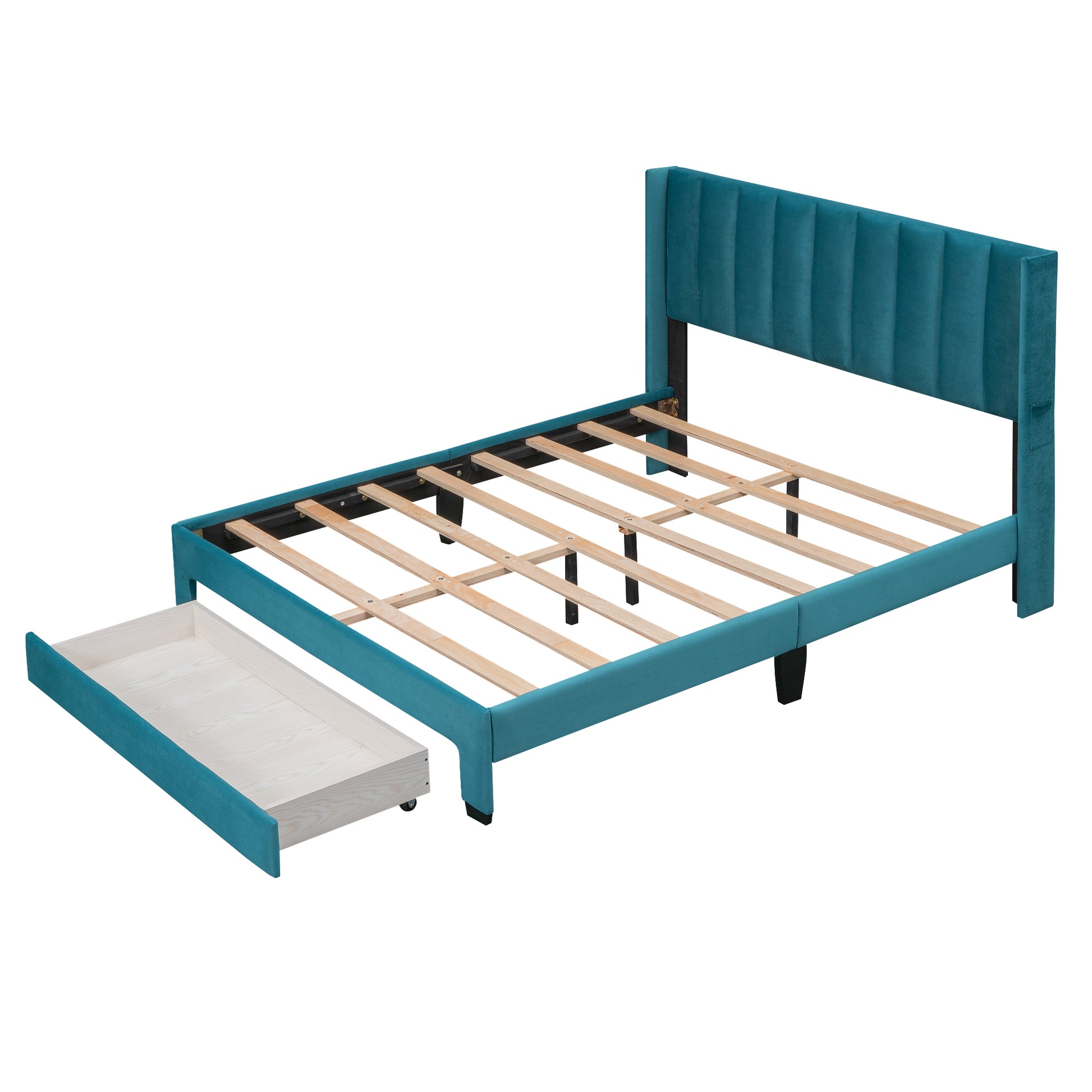 Queen Size Storage Bed Velvet Upholstered Platform Bed With A Big Drawer Blue Blue Velvet