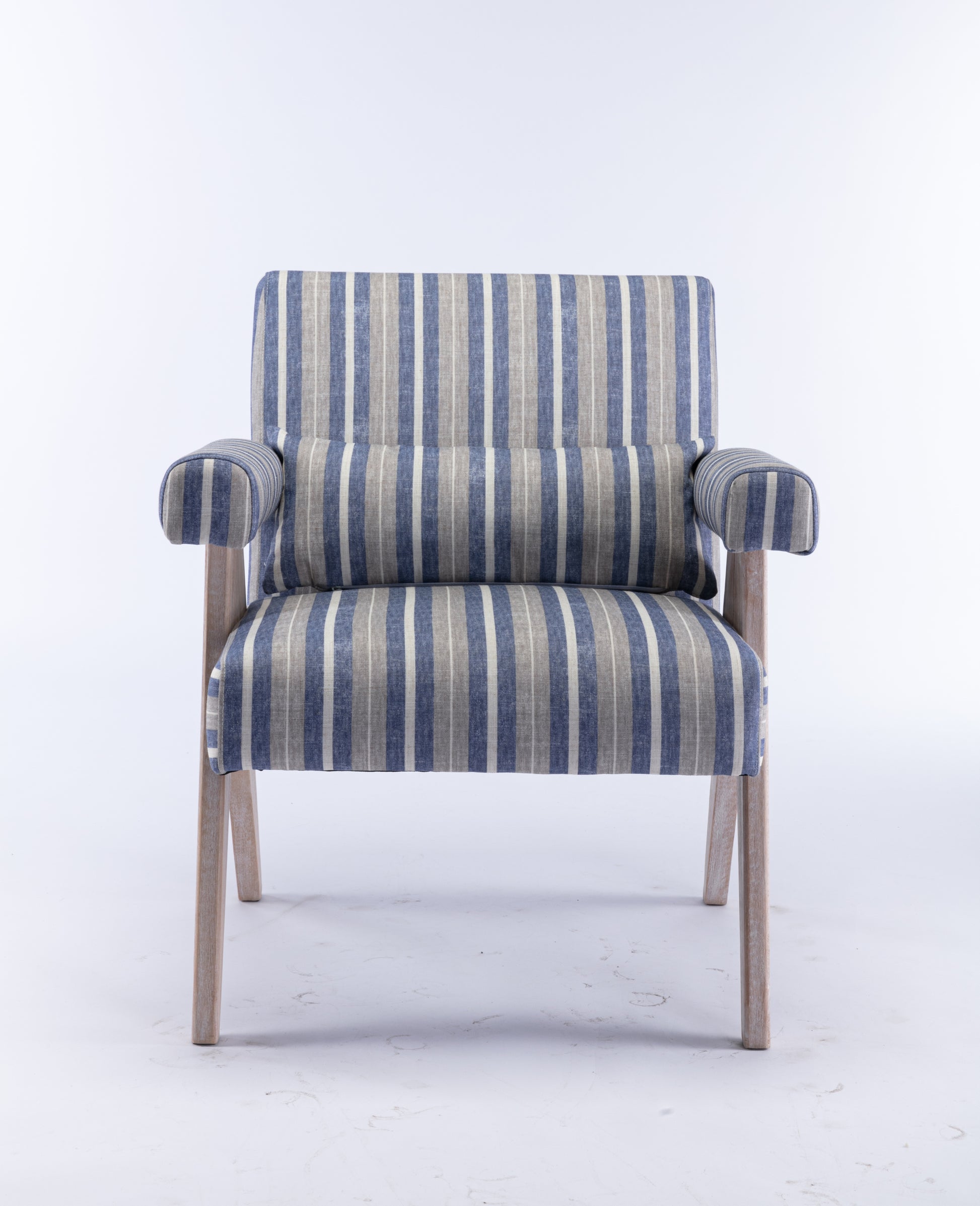 Accent Chair, Kd Rubber Wood Legs With Black Finish. Fabric Cover The Seat. With A Cushion.Blue Stripe Blue And White Stripes Foam Solid Wood