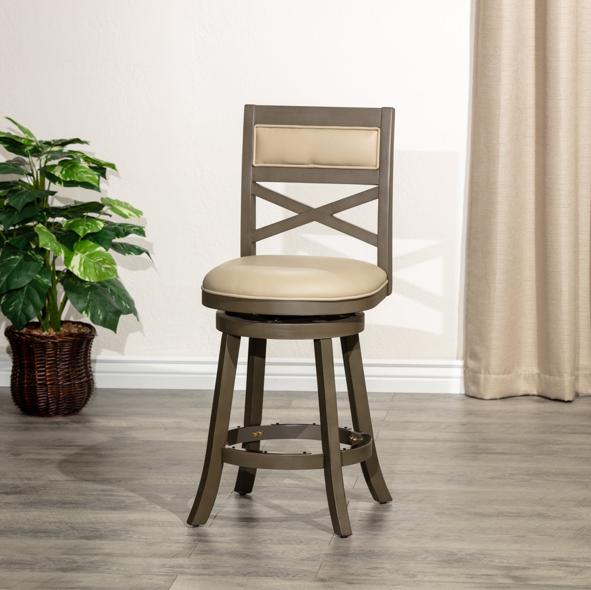 24" Counter Height X Back Swivel Stool, Weathered Gray Finish, French Gray Leather Seat Gray Bonded Leather