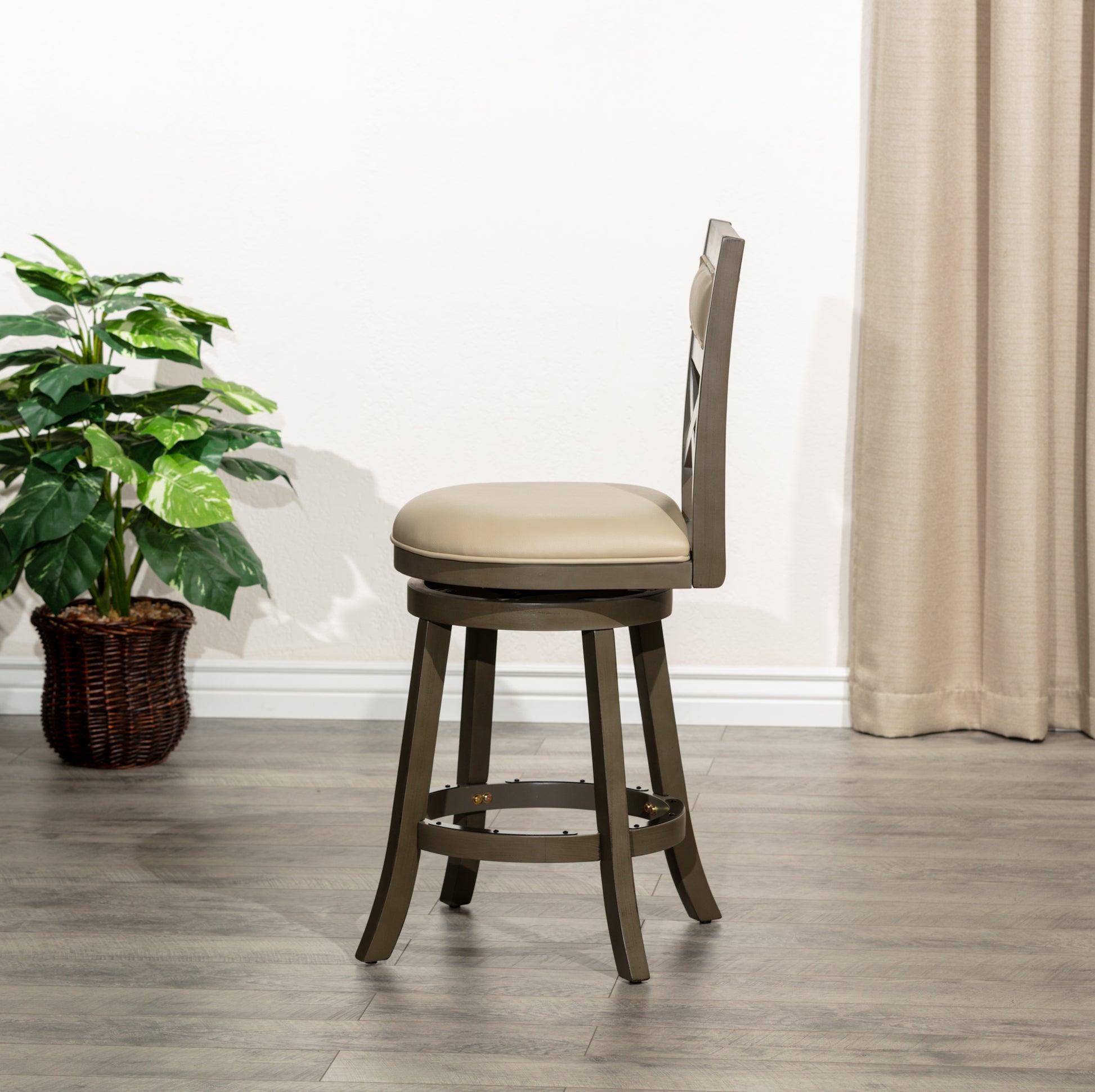 24" Counter Height X Back Swivel Stool, Weathered Gray Finish, French Gray Leather Seat Gray Bonded Leather