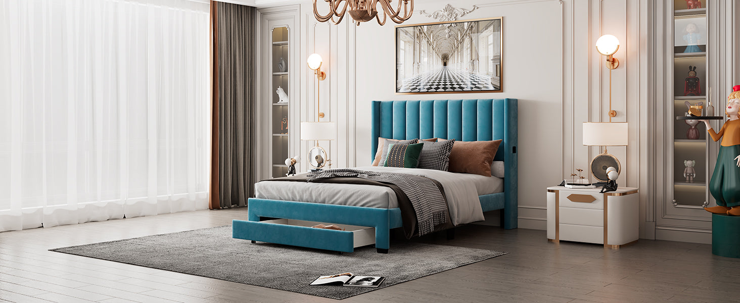 Queen Size Storage Bed Velvet Upholstered Platform Bed With A Big Drawer Blue Blue Velvet