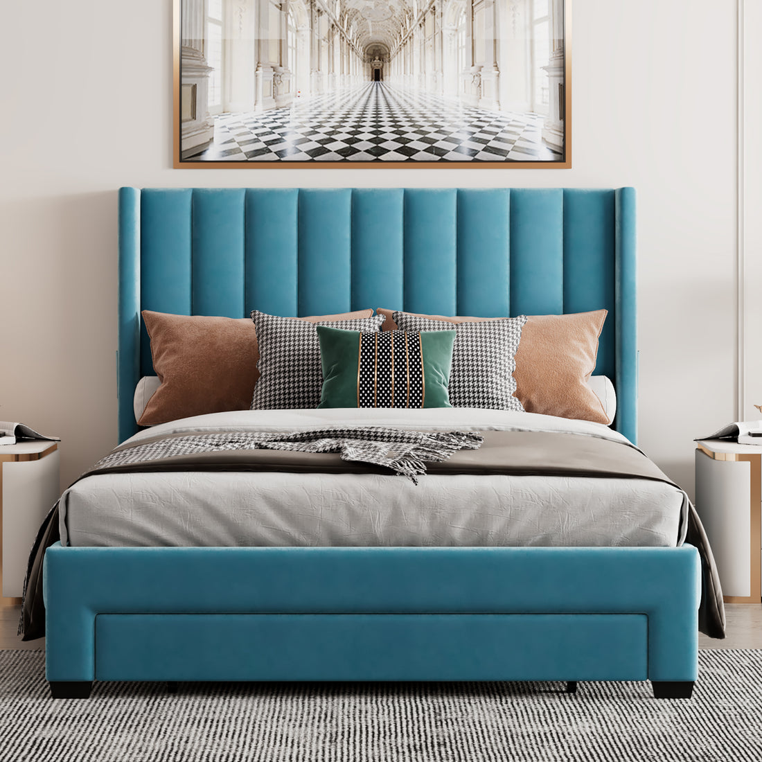 Queen Size Storage Bed Velvet Upholstered Platform Bed With A Big Drawer Blue Blue Velvet