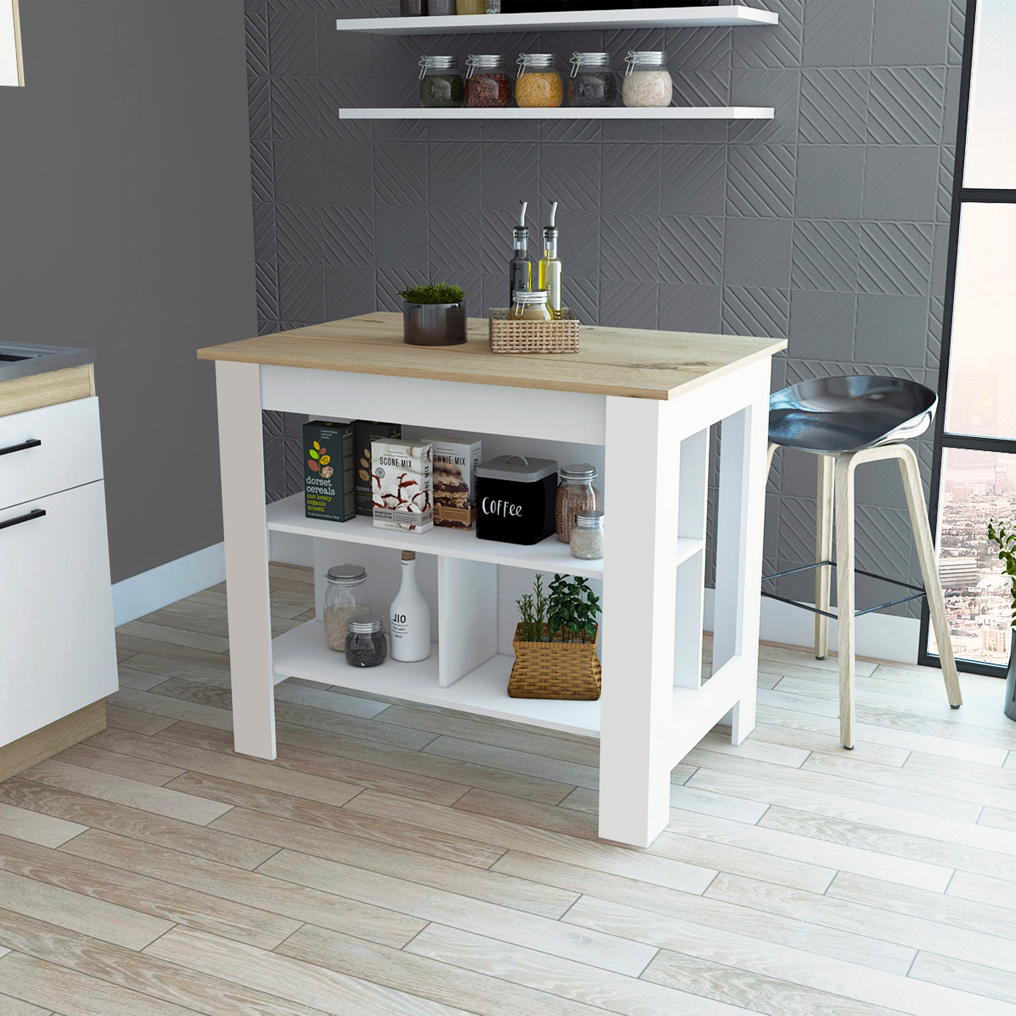 Rockaway 3 Shelf Kitchen Island White And Light Oak White Particle Board