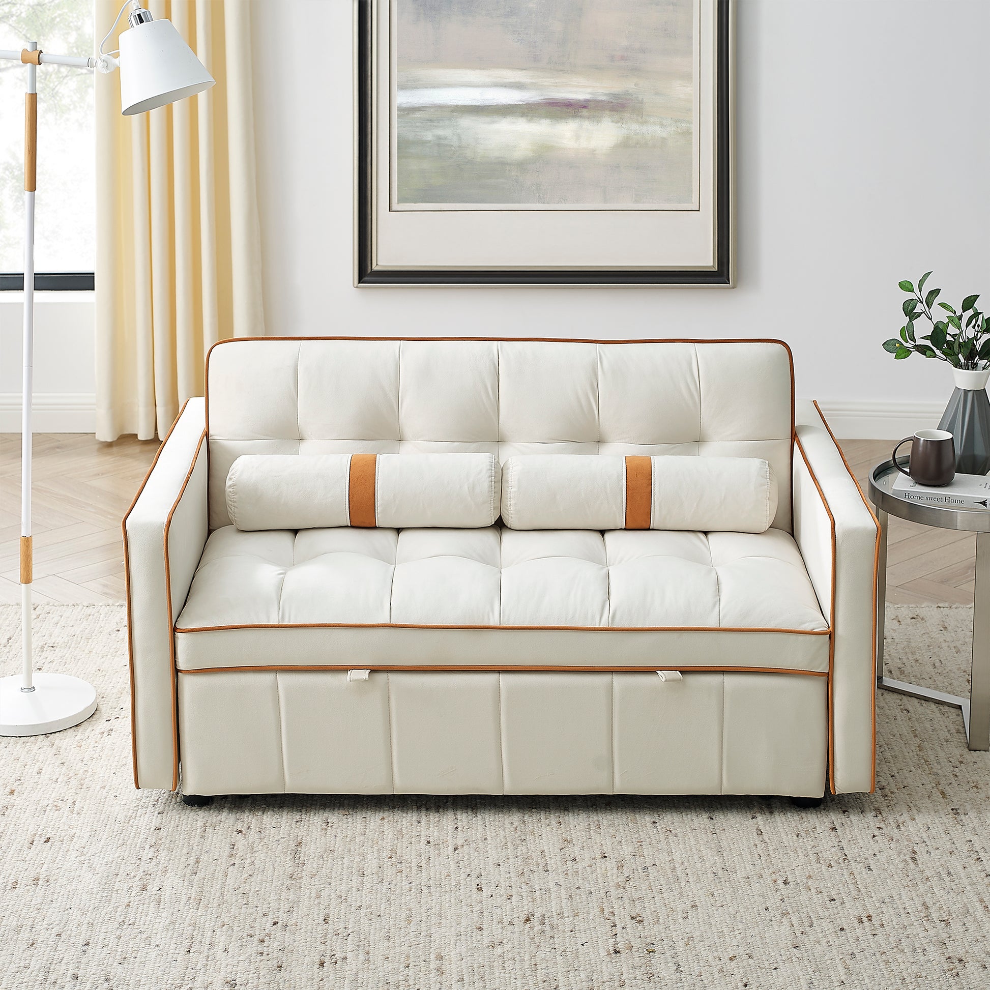 Modern 55.5" Pull Out Sleep Sofa Bed 2 Seater Loveseats Sofa Couch With Side Pockets, Adjsutable Backrest And Lumbar Pillows For Apartment Office Living Room Beige Foam Velvet