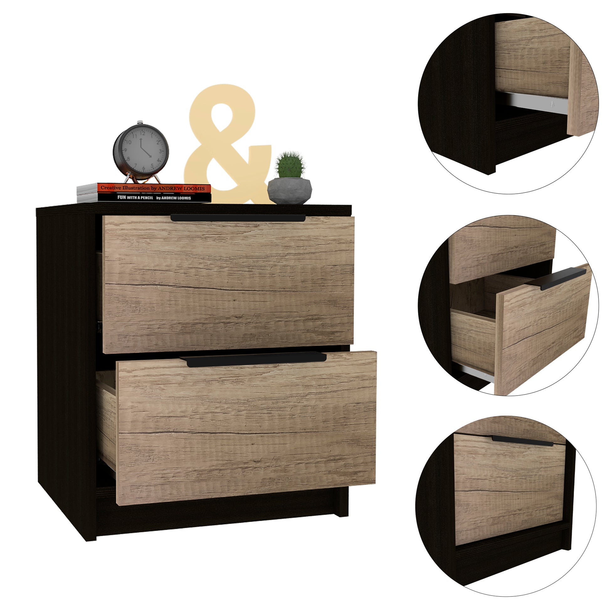 Black Wengue And Pine 2 Drawer Nightstand Black Particle Board