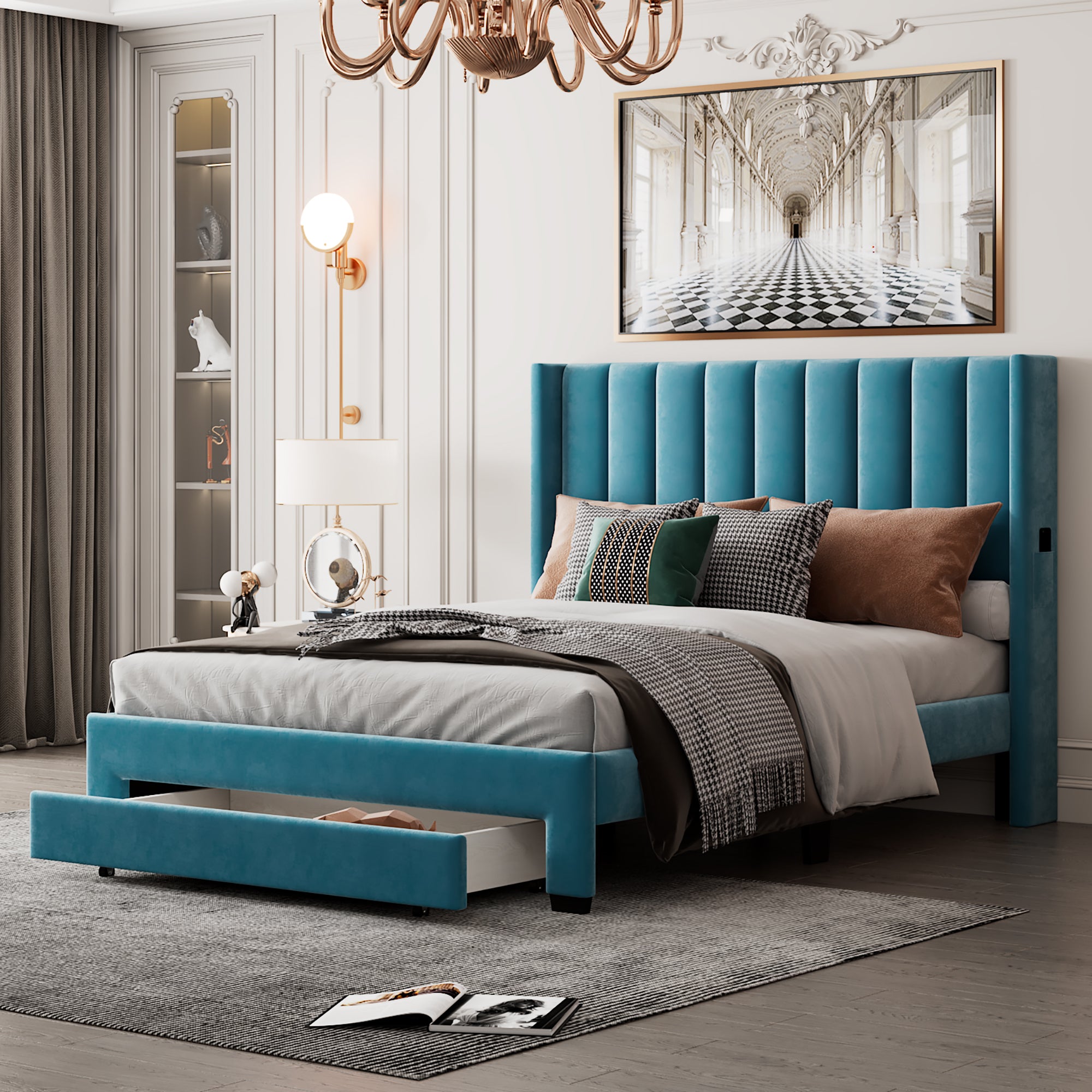 Queen Size Storage Bed Velvet Upholstered Platform Bed blue-velvet