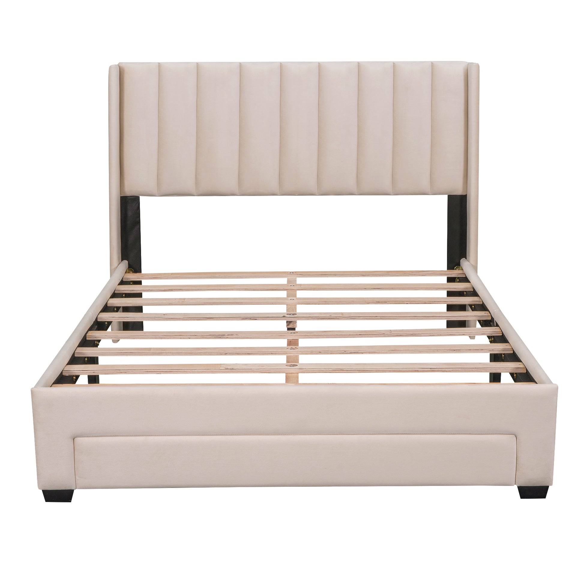 Full Size Storage Bed Velvet Upholstered Platform Bed With A Big Drawer Beige Beige Velvet
