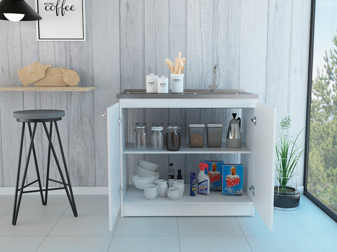 White Rectangle 2 Door Utility Sink And Cabinet White Particle Board