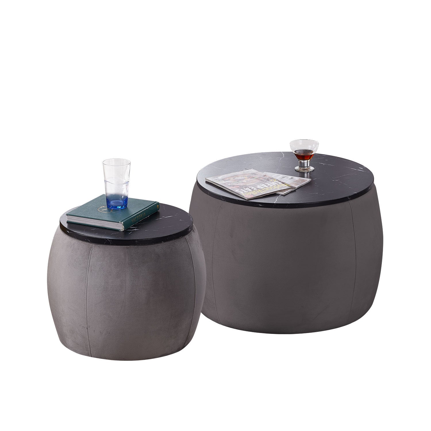 Set of 2 End Table with Storage, Round Accent Side grey-foam-mdf