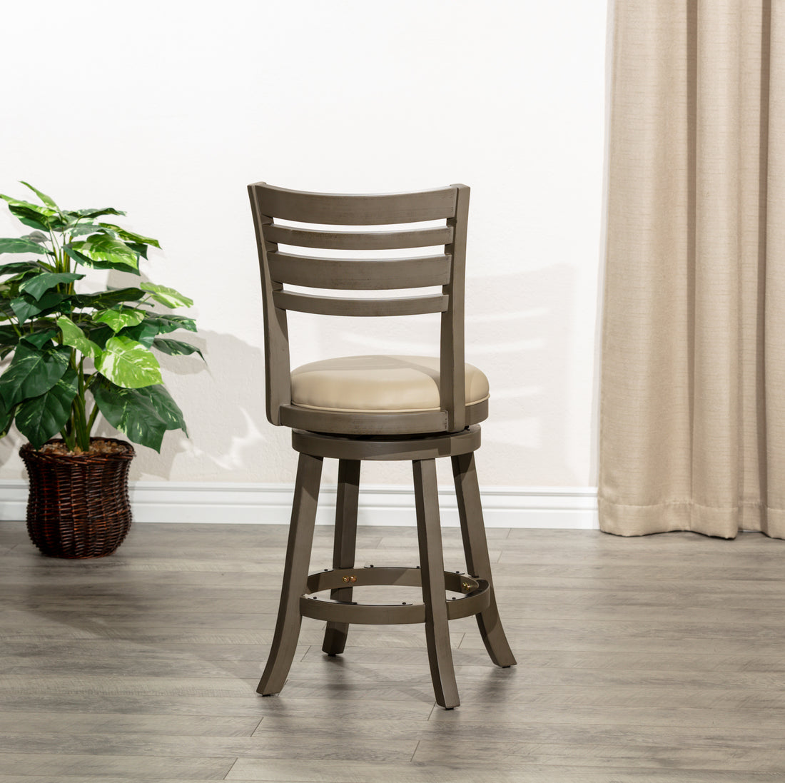 24" Counter Height Slat Back Swivel Stool, Weathered Gray Finish, French Gray Leather Seat Gray Bonded Leather