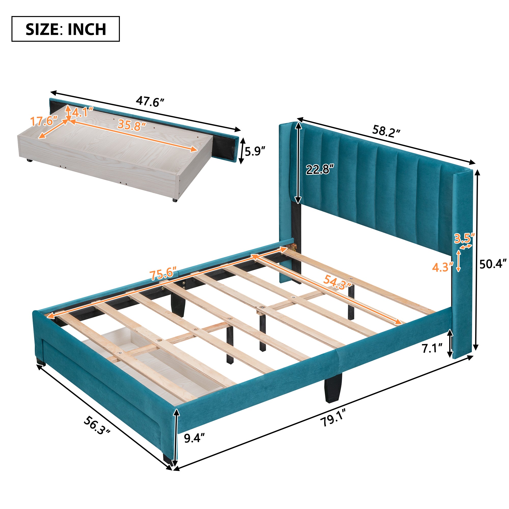 Full Size Storage Bed Velvet Upholstered Platform Bed blue-velvet