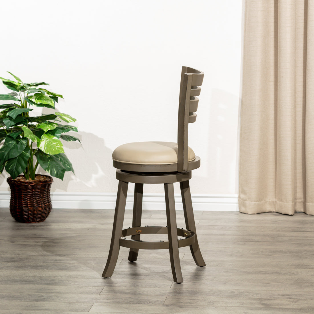 24" Counter Height Slat Back Swivel Stool, Weathered Gray Finish, French Gray Leather Seat Gray Bonded Leather