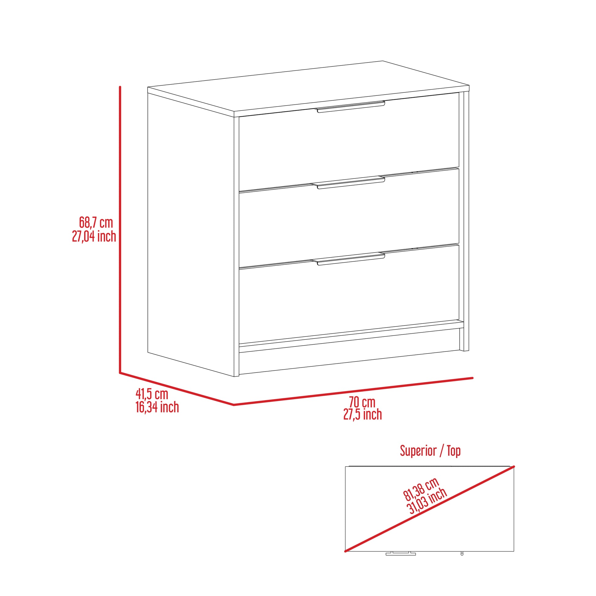 White 3 Drawer Rectangle Dresser White Particle Board