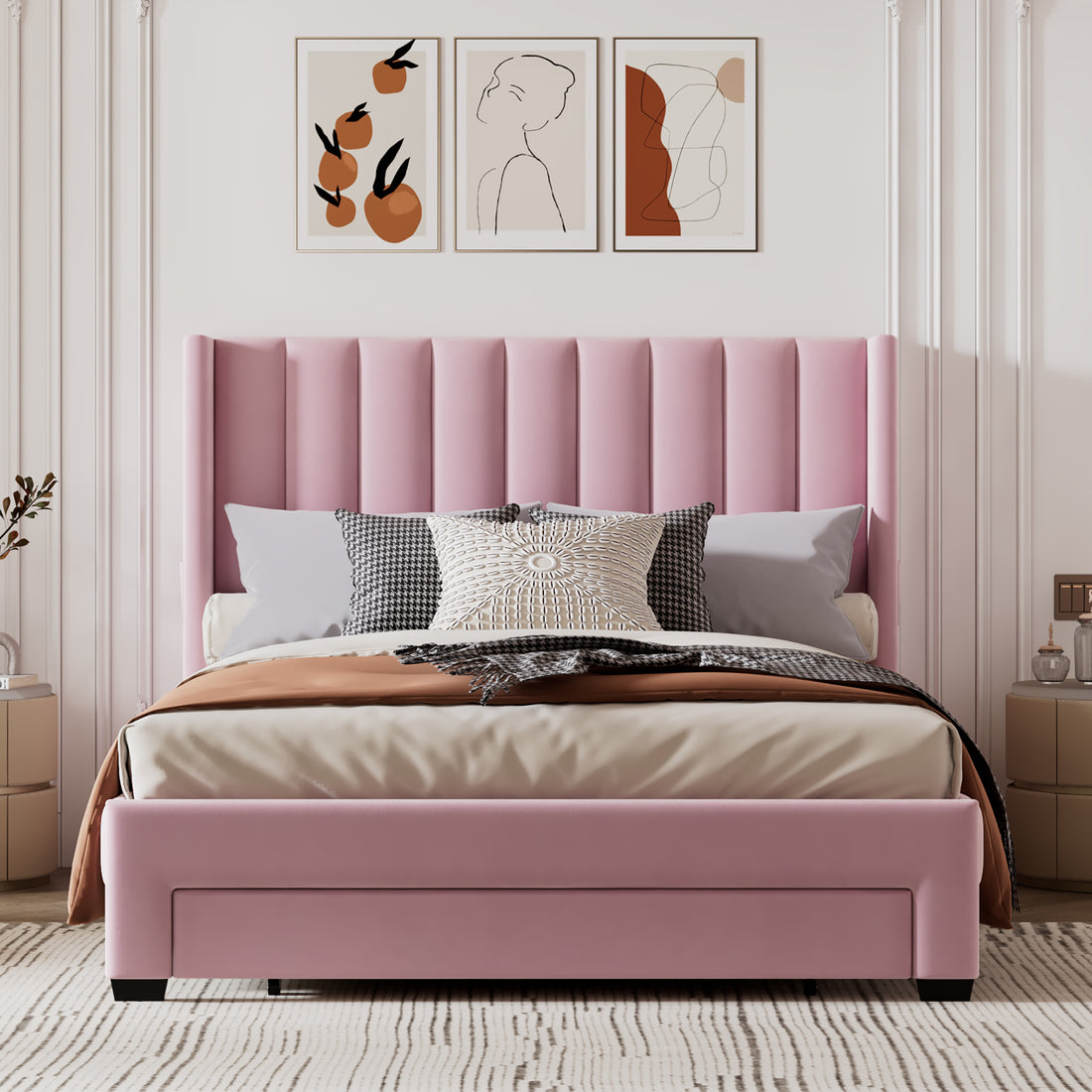Queen Size Storage Bed Velvet Upholstered Platform Bed With A Big Drawer Pink Pink Velvet