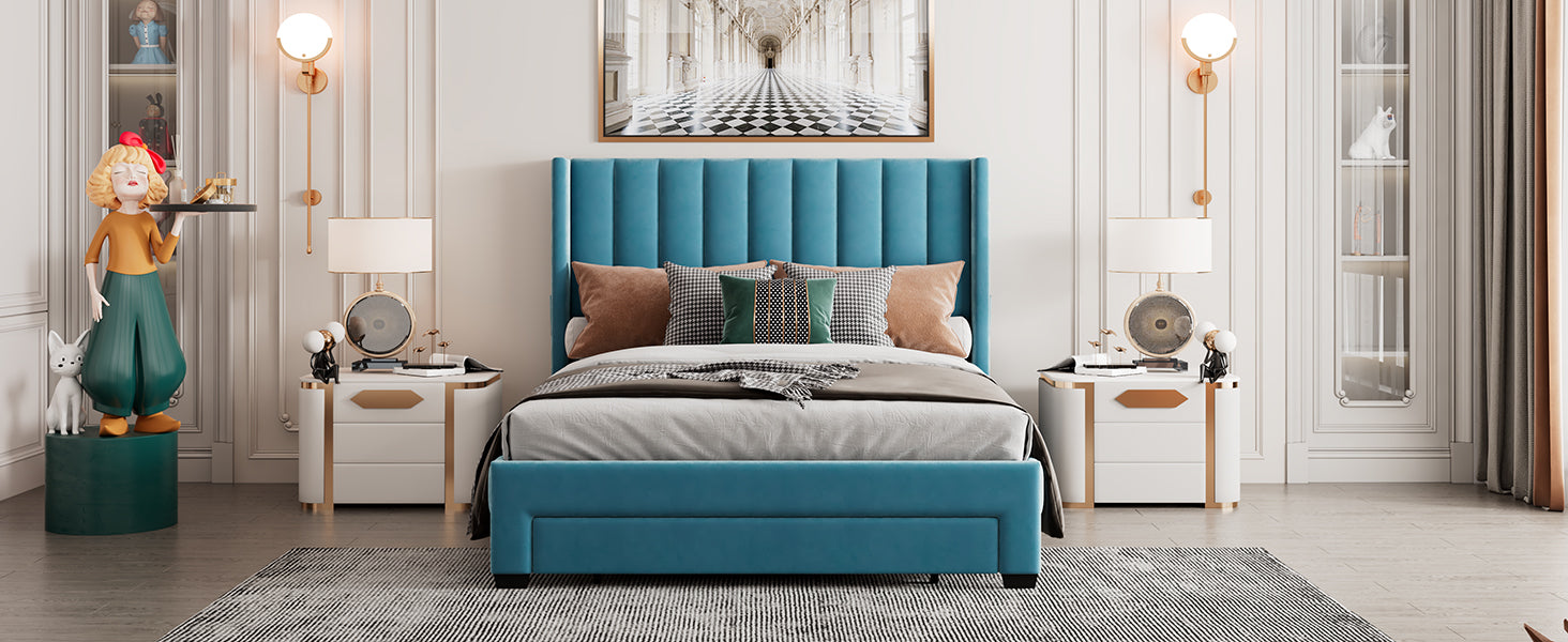 Queen Size Storage Bed Velvet Upholstered Platform Bed With A Big Drawer Blue Blue Velvet