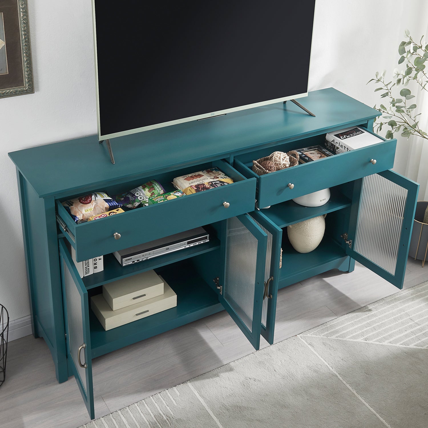 65" Tv Console, Storage Buffet Cabinet, Sideboard With Glass Door And Adjustable Shelves, Console Table, Teal Blue Teal Blue Primary Living Space Modern Mdf Glass