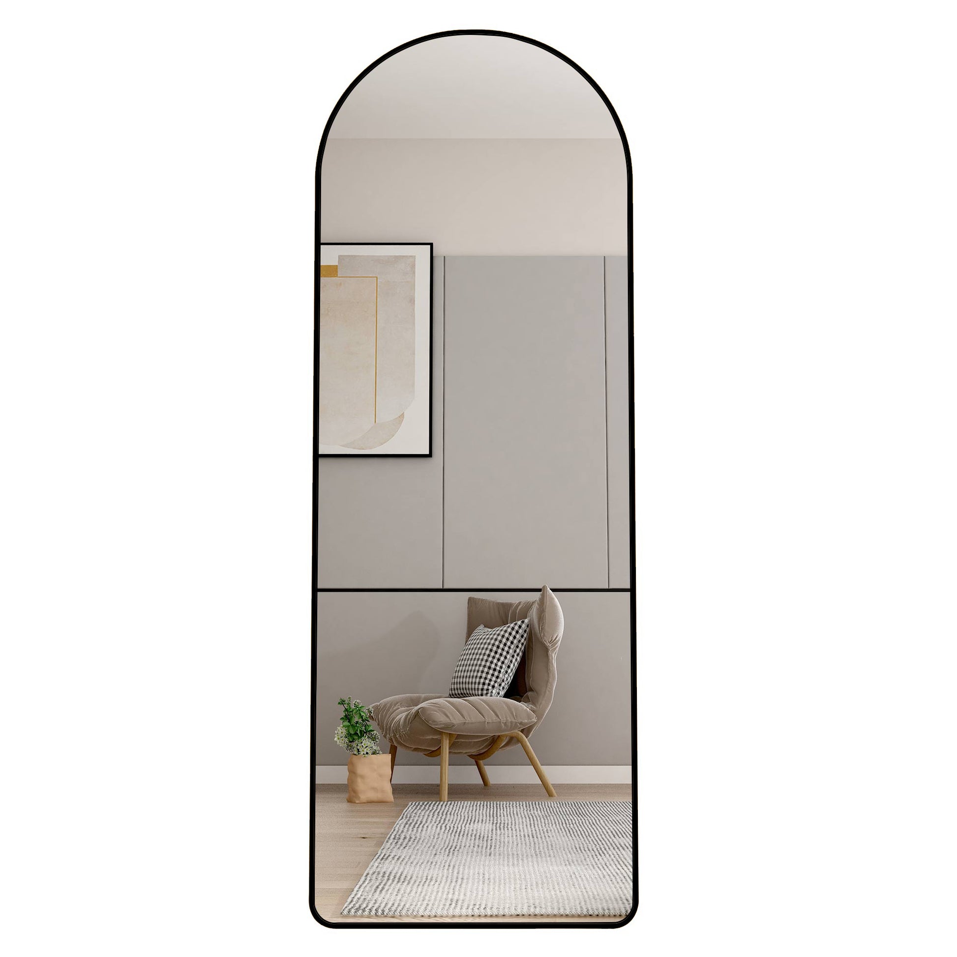 The 3St Generation Of Floor Mounted Full Length Mirrors. Aluminum Alloy Metal Frame Arched Wall Mirror, Bathroom Makeup Mirror, Bedroom Porch, Clothing Store, Wall Mounted. Black 65 "* 23" W1151109084 Black Glass