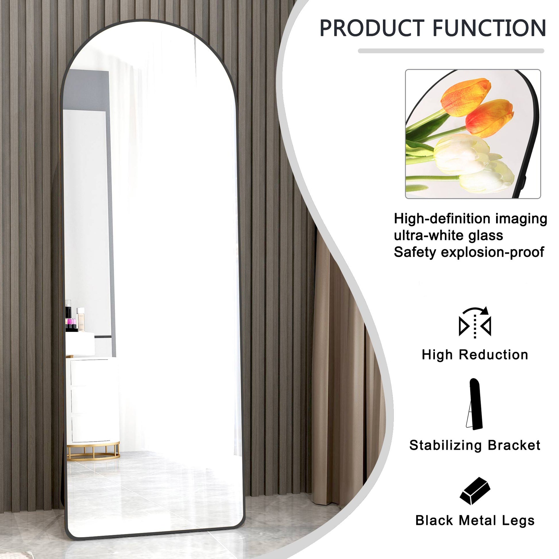 The 3St Generation Of Floor Mounted Full Length Mirrors. Aluminum Alloy Metal Frame Arched Wall Mirror, Bathroom Makeup Mirror, Bedroom Porch, Clothing Store, Wall Mounted. Black 65 "* 23" W1151109084 Black Glass