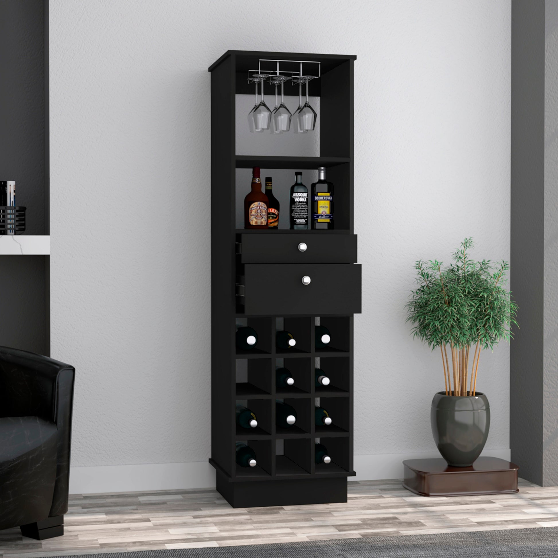 Black Wengue 12 Bottle 2 Drawer 1 Shelf Bar Cabinet Black Particle Board