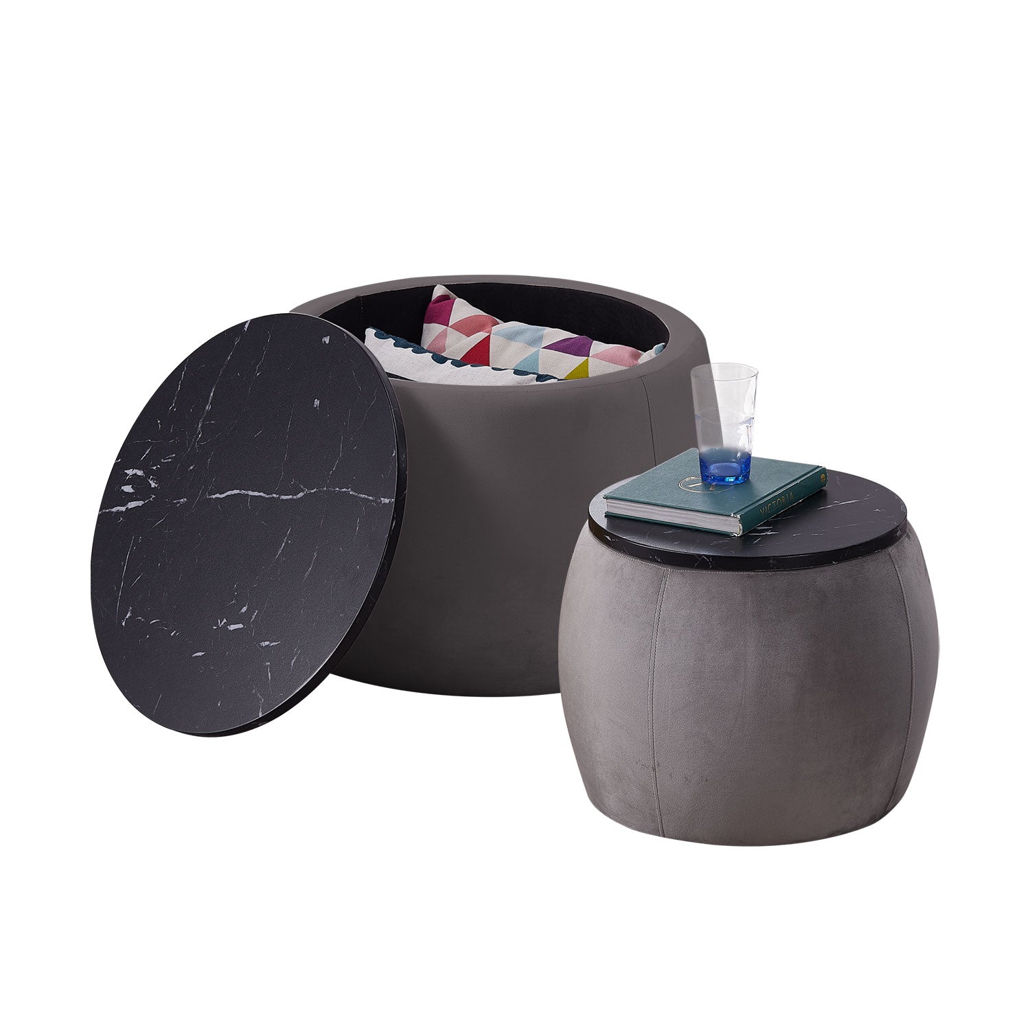 Set Of 2 End Table With Storage, Round Accent Side Table With Removable Top For Living Room, Bedroom, Top 650*450, 480*390 Grey Foam Mdf