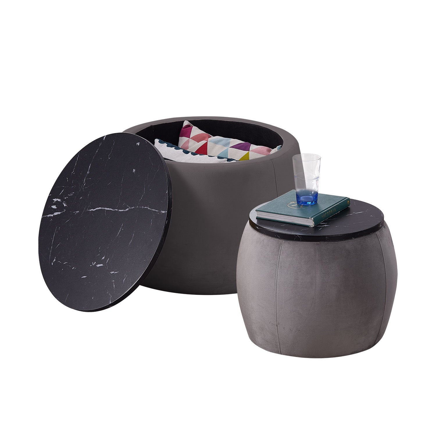 Set of 2 End Table with Storage, Round Accent Side grey-foam-mdf