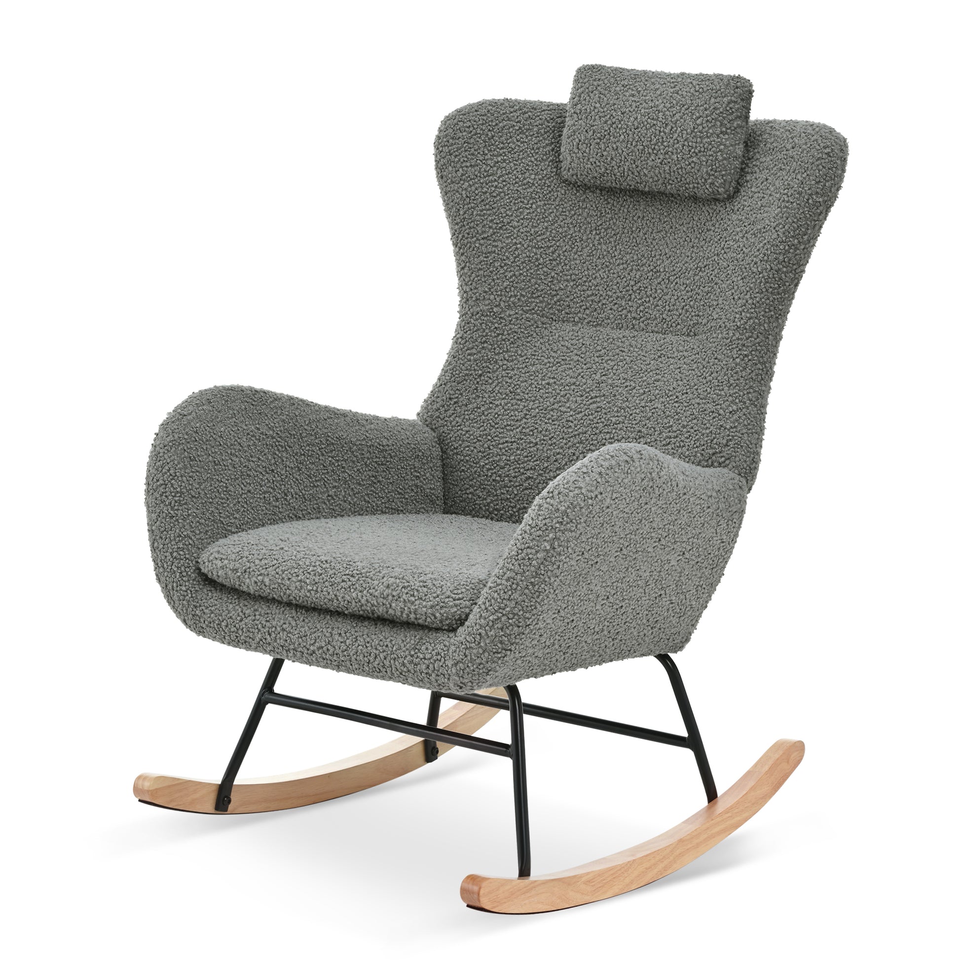 Rocking Chair Nursery, Teddy Upholstered Rocker Glider Chair With High Backrest, Adjustable Headrest & Pocket, Comfy Glider Chair For Nursery, Bedroom, Living Room, Offices, Rubber Wood, Gray Gray Polyester