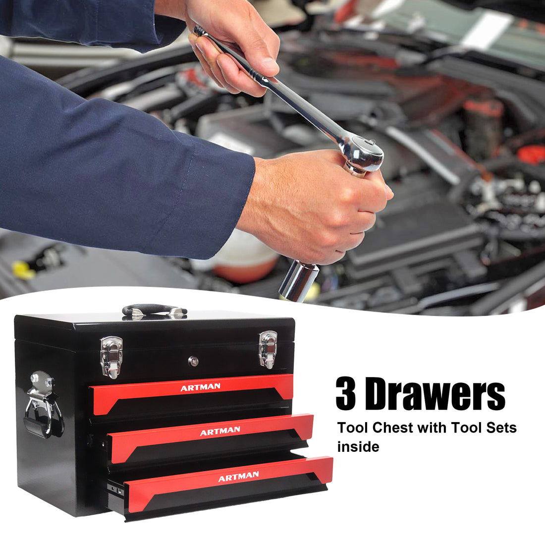 3 Drawers Tool Box With Tool Set - Black Steel