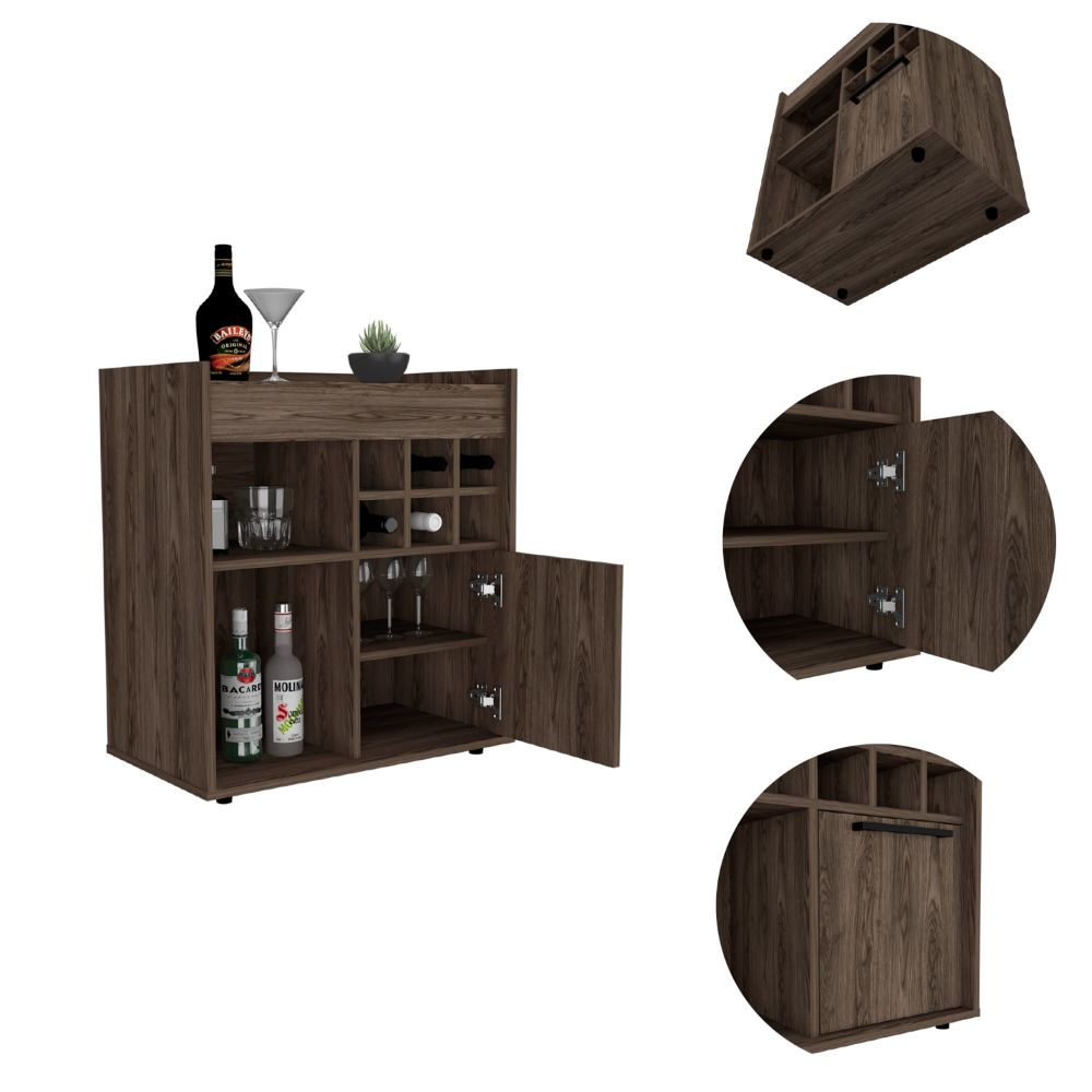 Dark Walnut 6 Bottle 2 Shelf Bar Cabinet Brown Particle Board