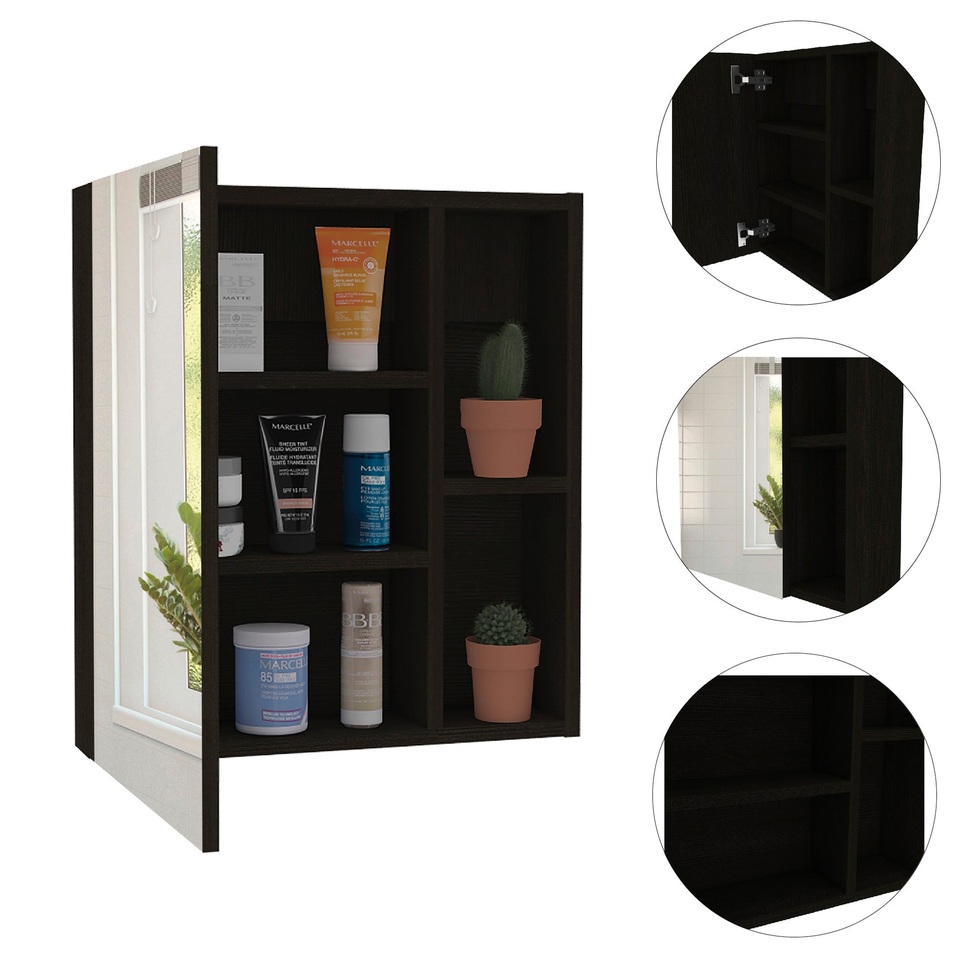 Whirlwind 1 Shelf Rectangle Medicine Cabinet With Mirror Black Wengue Black Particle Board