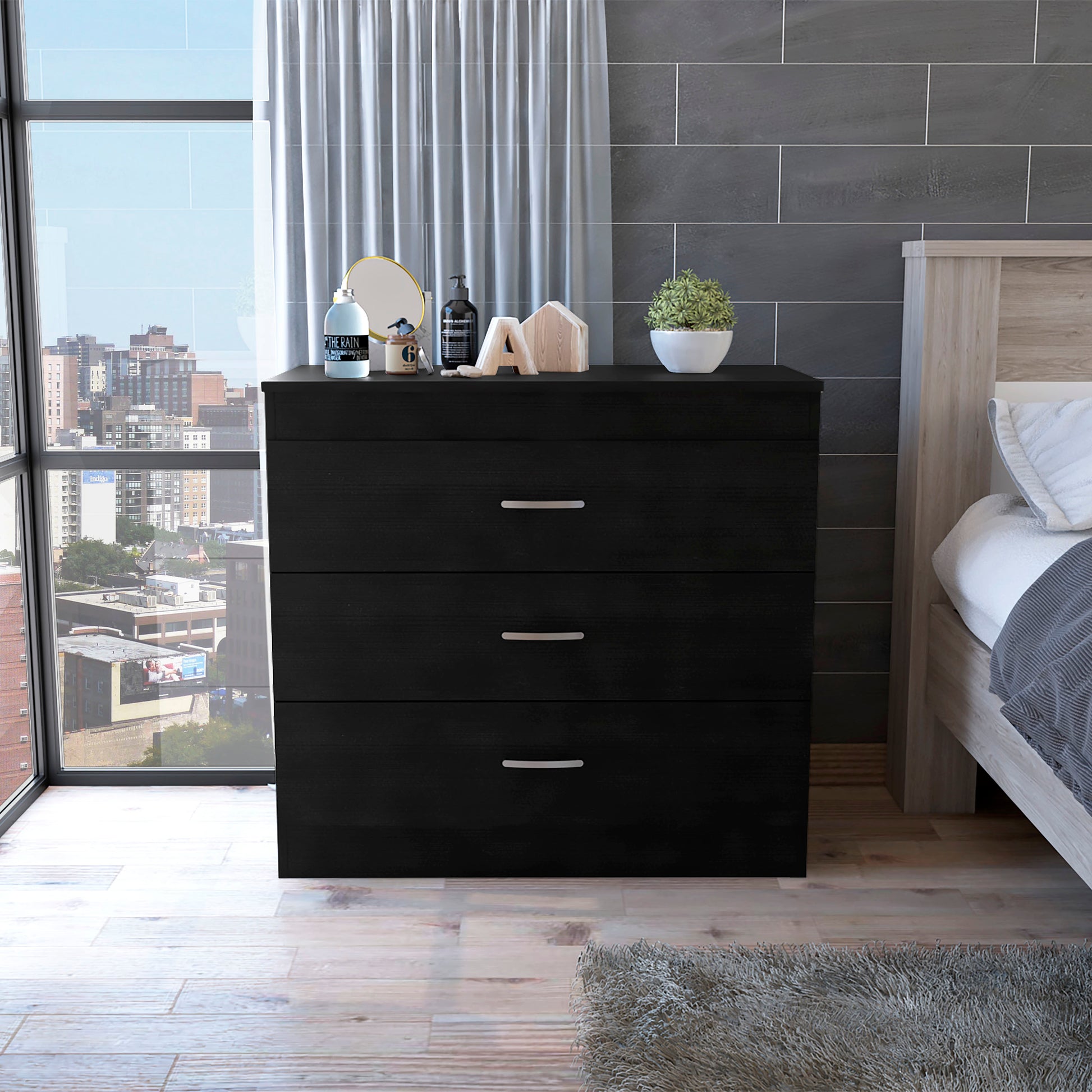 Bethage 3 Drawer Dresser Black Wengue Black Particle Board