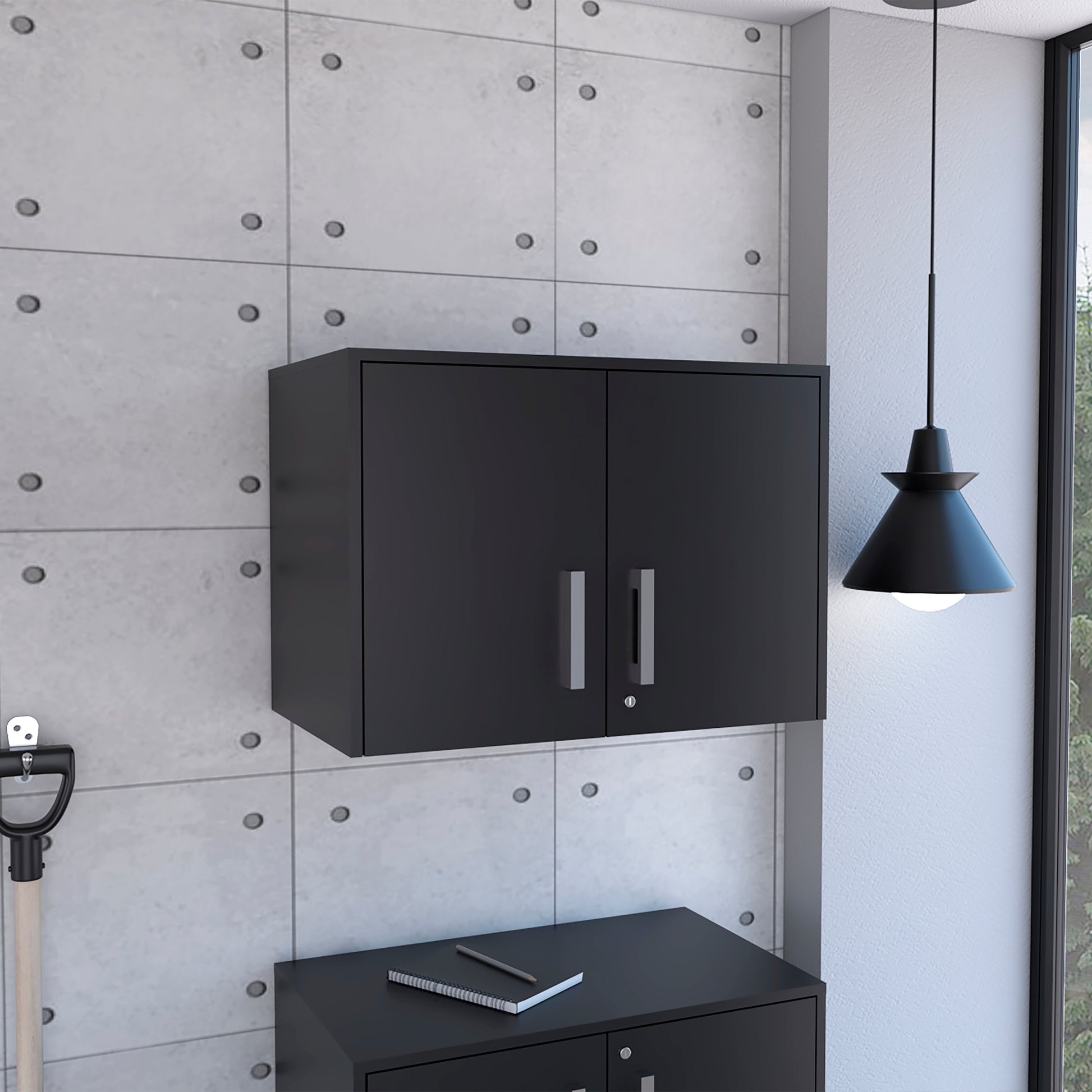 Black Wengue 2 Door Rectangle Wall Cabinet Black Particle Board