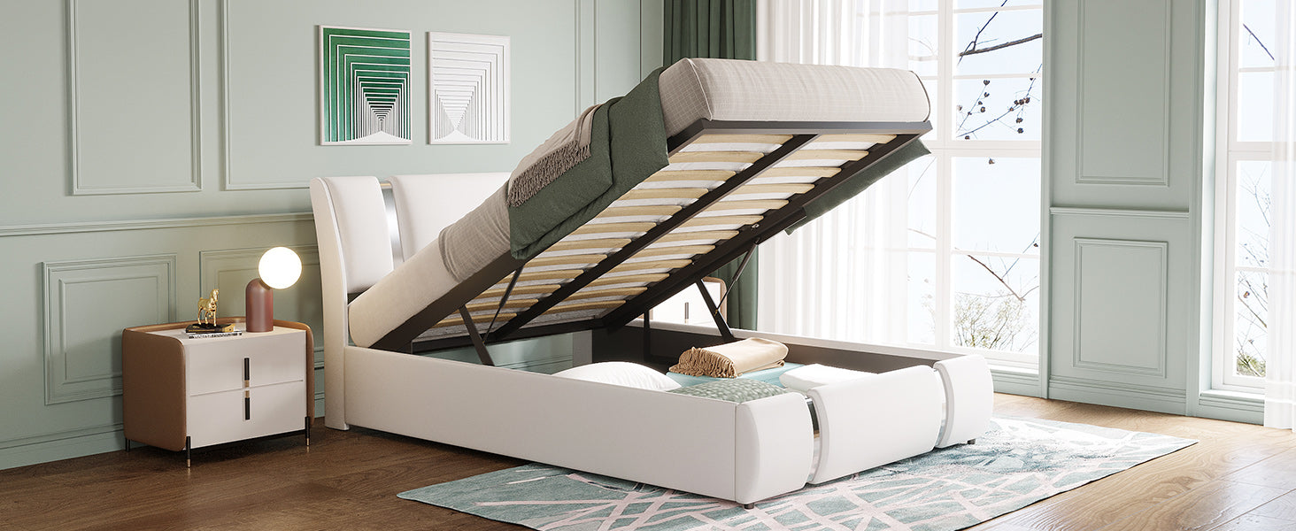 Full Size Upholstered Faux Leather Platform Bed With A Hydraulic Storage System, White White Technical Leather