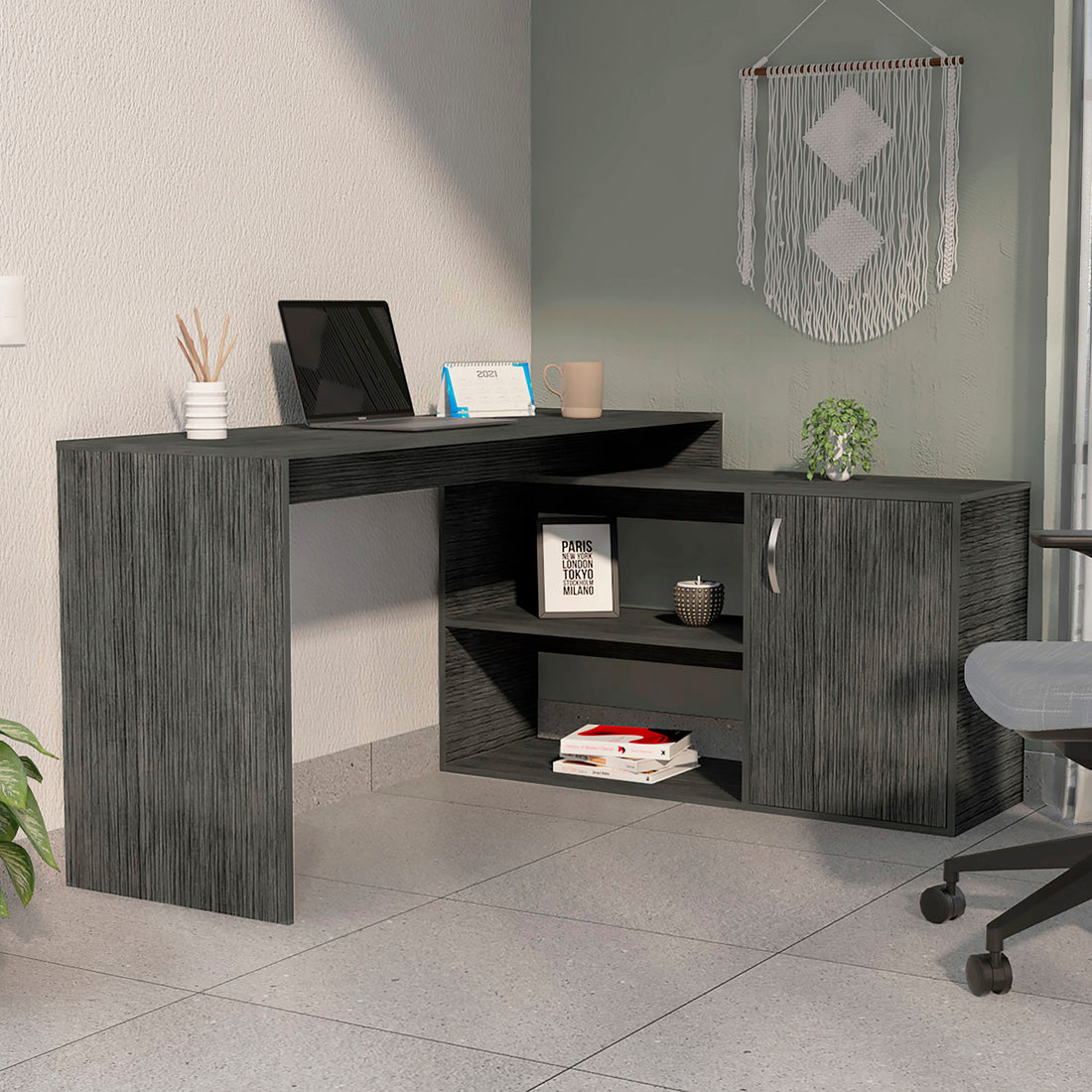 Smokey Oak 1 Drawer 2 Shelf L Shaped Office Desk Gray Particle Board