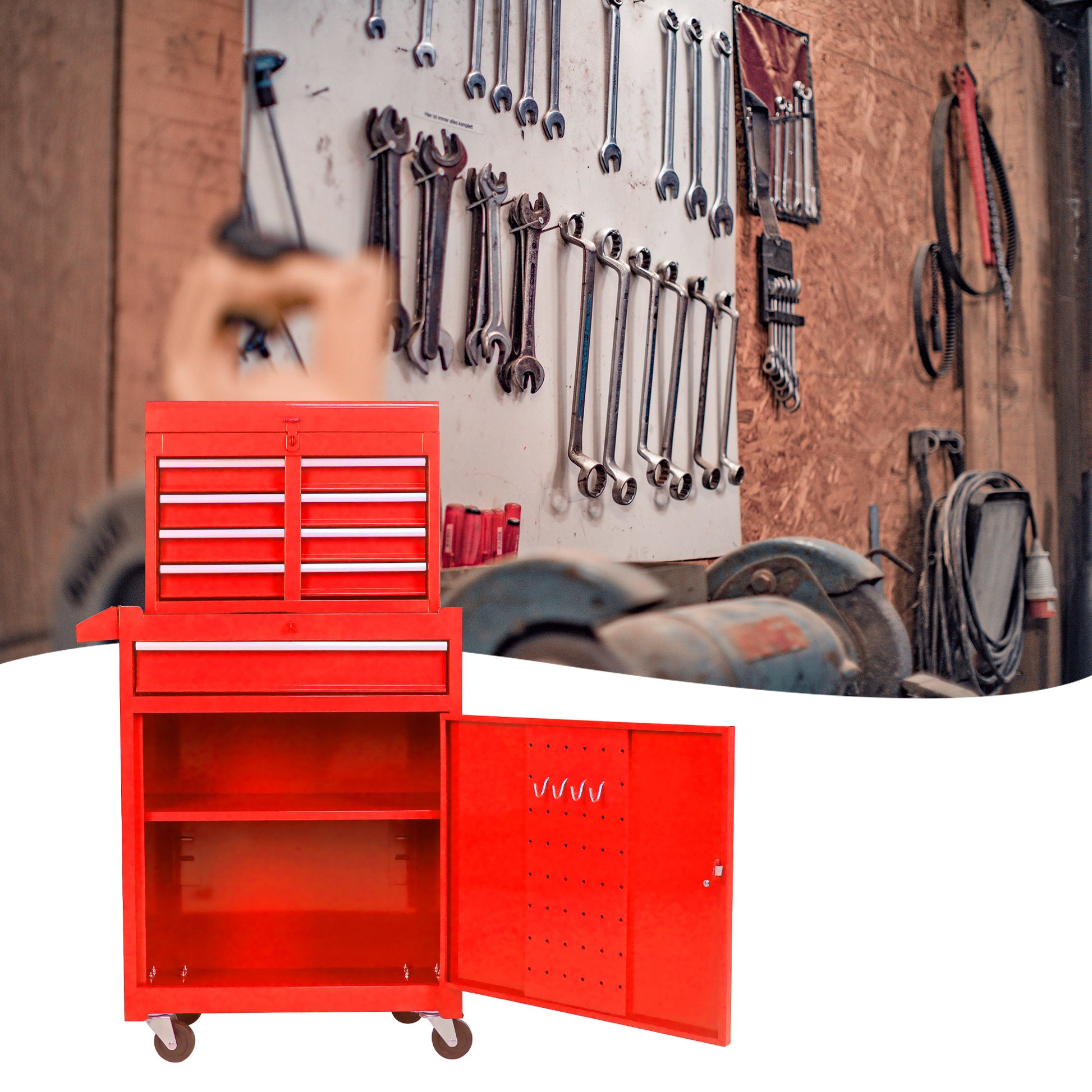 Detachable 5 Drawer Tool Chest With Bottom Cabinet And One Adjustable Shelf Red Red Metal