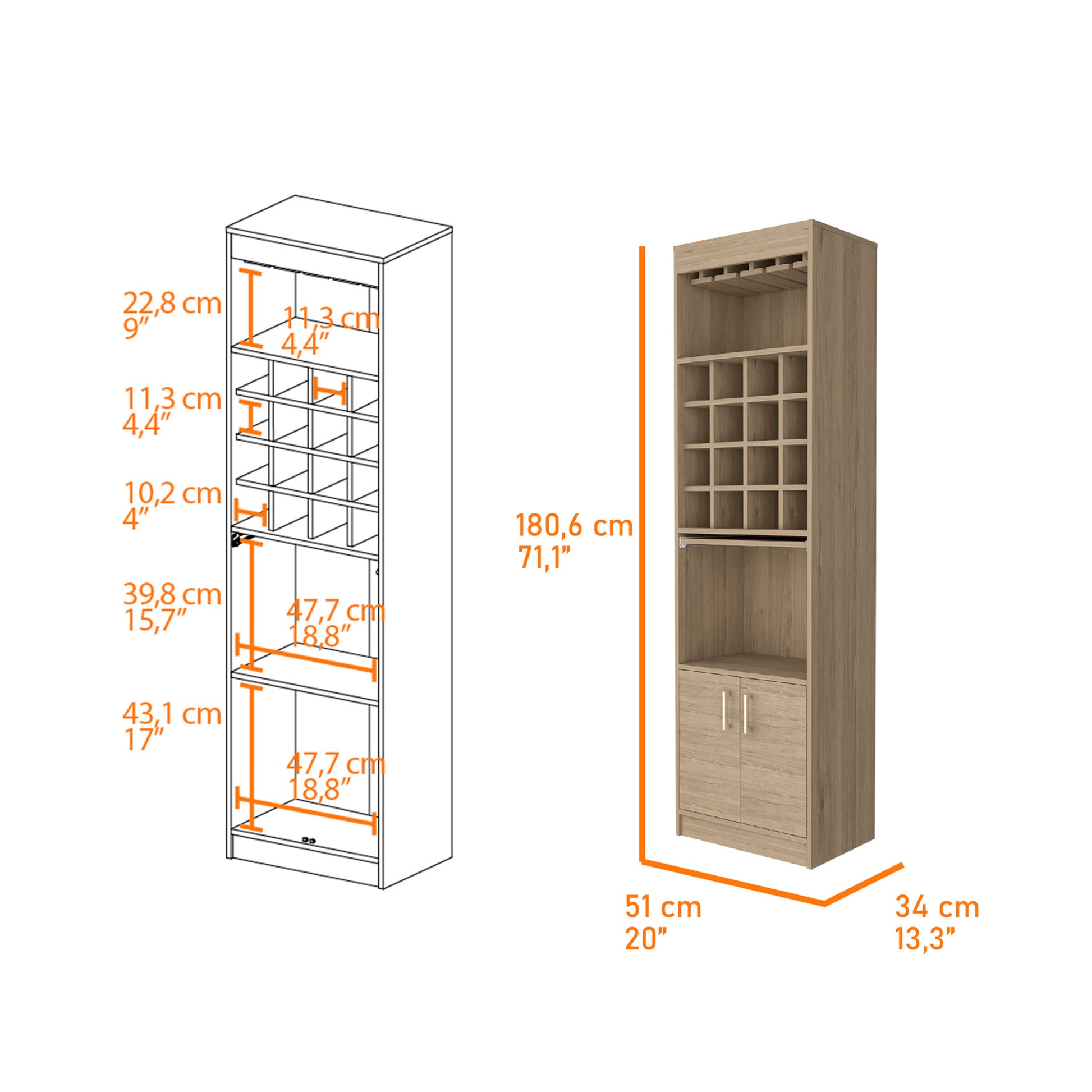 Light Pine 16 Bottle 1 Shelf Bar Cabinet Beige Particle Board