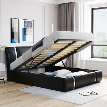 Queen Size Upholstered Faux Leather Platform Bed With A Hydraulic Storage System, Black Black Technical Leather