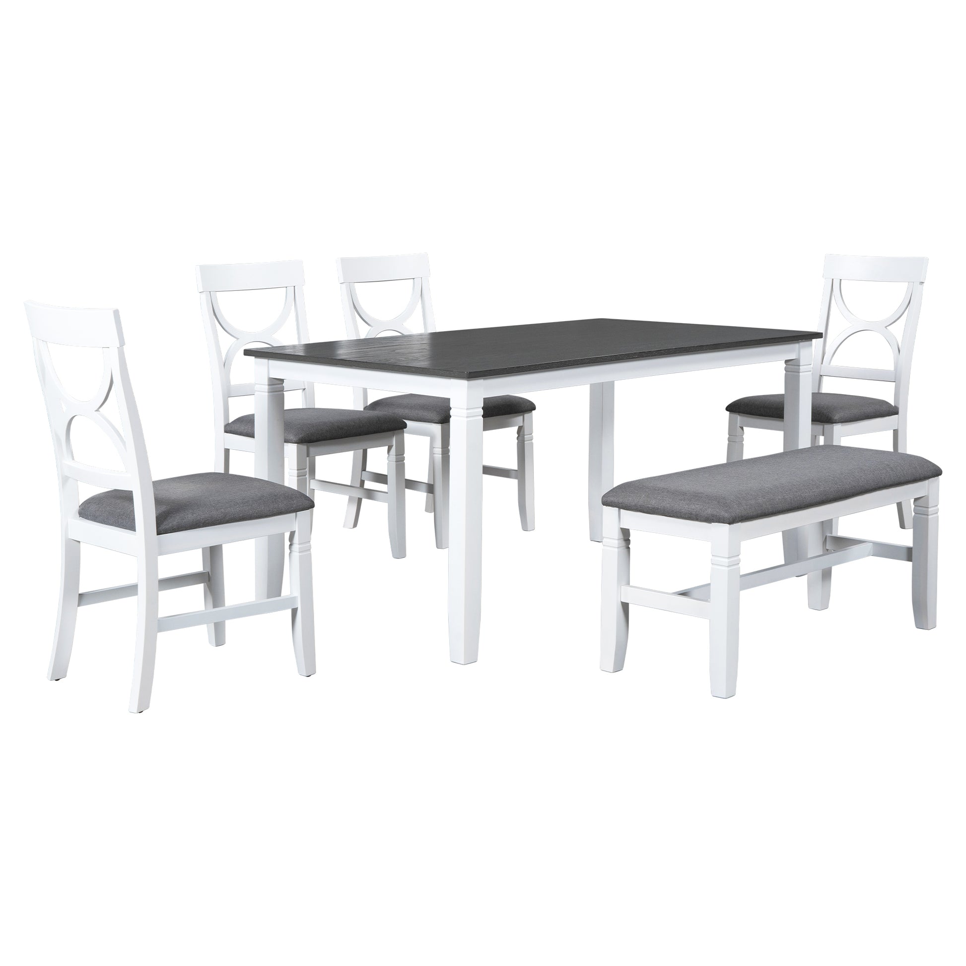 6 Piece Wood Dining Table Set Kitchen Table Set With Upholstered Bench And 4 Dining Chairs, Farmhouse Style,Gray White White Wood Dining Room Bench Seating Rubberwood Rectangular Dining Table With Chair And Bench Upholstered Chair Wood White Solid Back