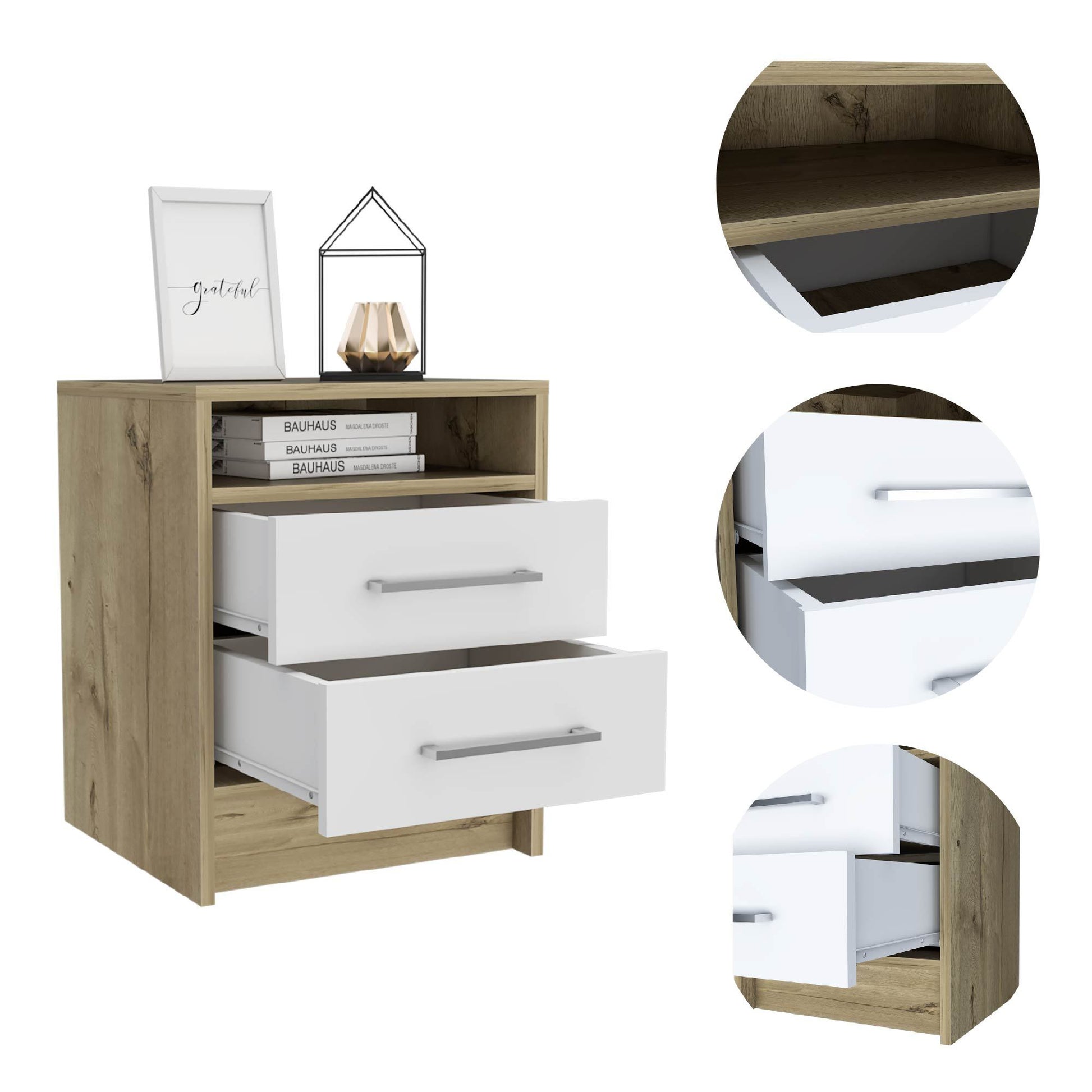 White And Light Oak 2 Drawer 1 Shelf Rectangle Nightstand White Particle Board