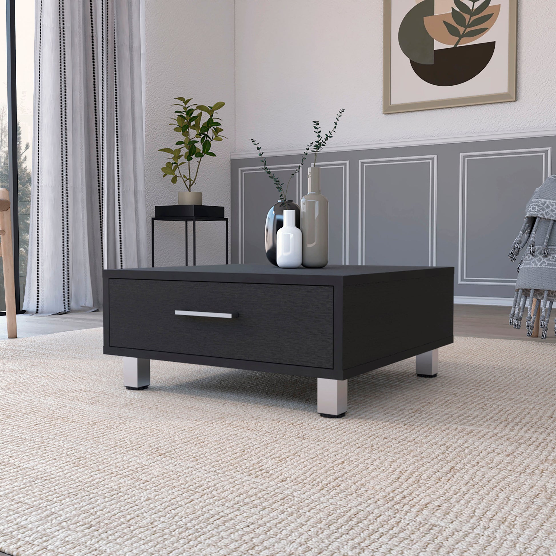 Black Wengue 1 Drawer Rectangle Coffee Table Black Particle Board