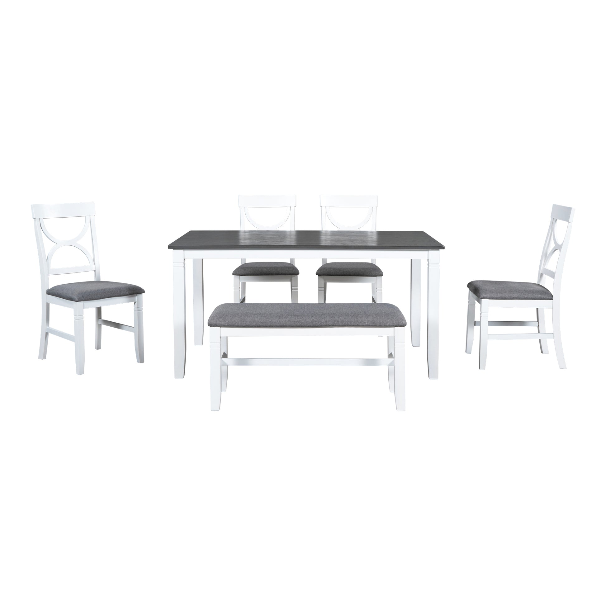 6 Piece Wood Dining Table Set Kitchen Table Set With Upholstered Bench And 4 Dining Chairs, Farmhouse Style,Gray White White Wood Dining Room Bench Seating Rubberwood Rectangular Dining Table With Chair And Bench Upholstered Chair Wood White Solid Back