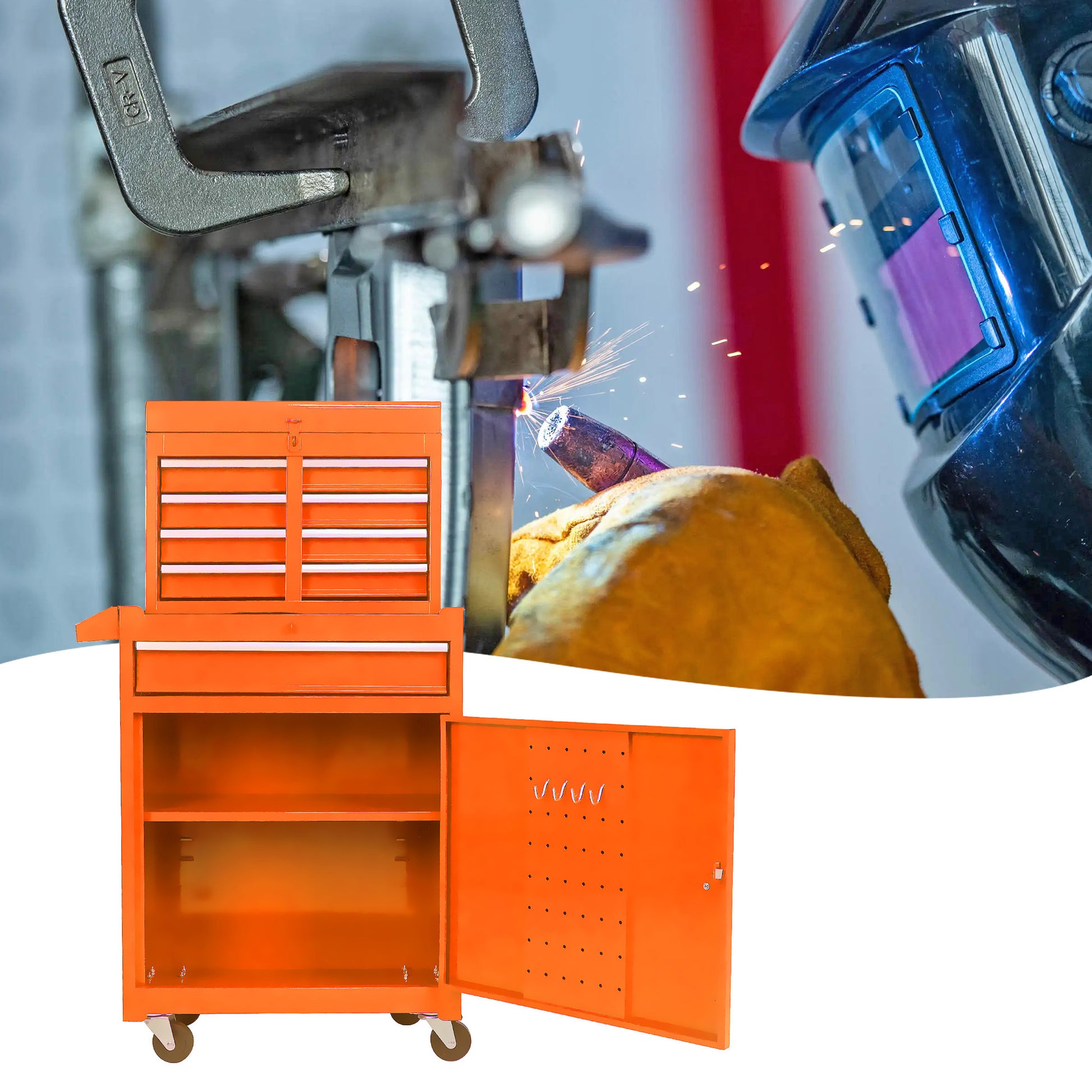 Detachable 5 Drawer Tool Chest With Bottom Cabinet And One Adjustable Shelf Orange Orange Metal