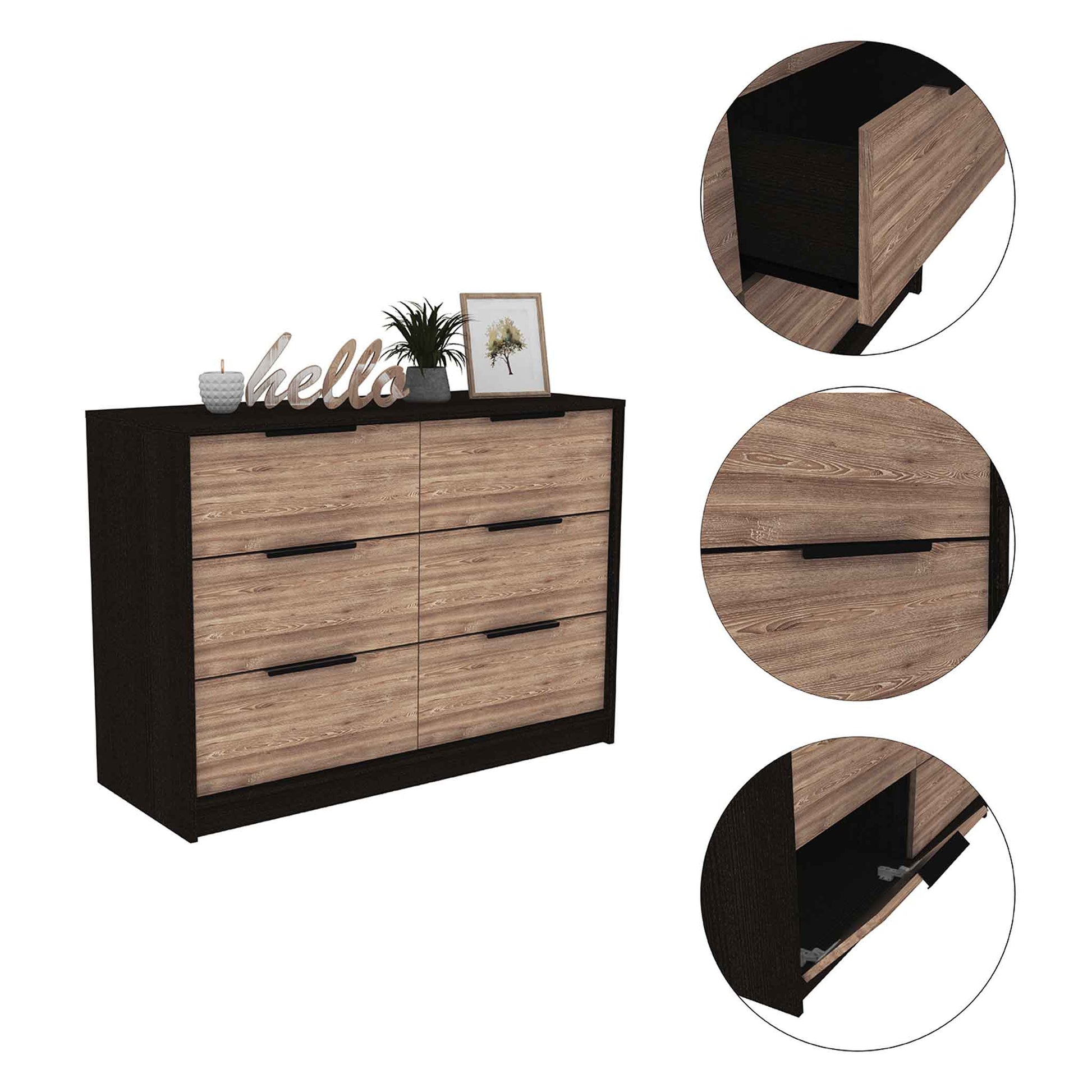 Longhill 6 Drawer Rectangle Dresser Black Wengue And Pine Black Particle Board