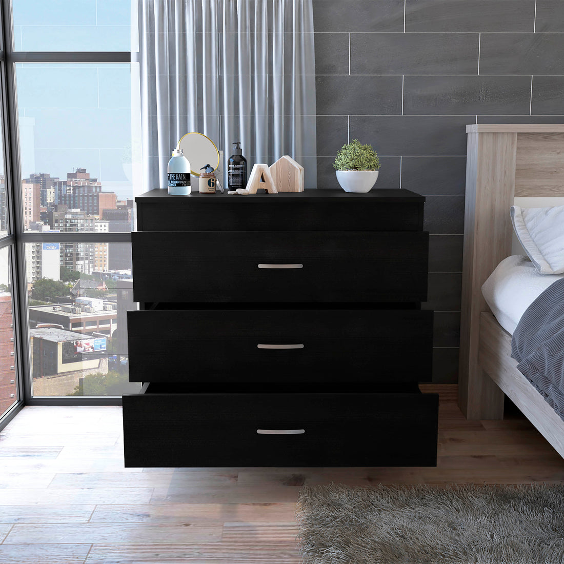 Bethage 3 Drawer Dresser Black Wengue Black Particle Board